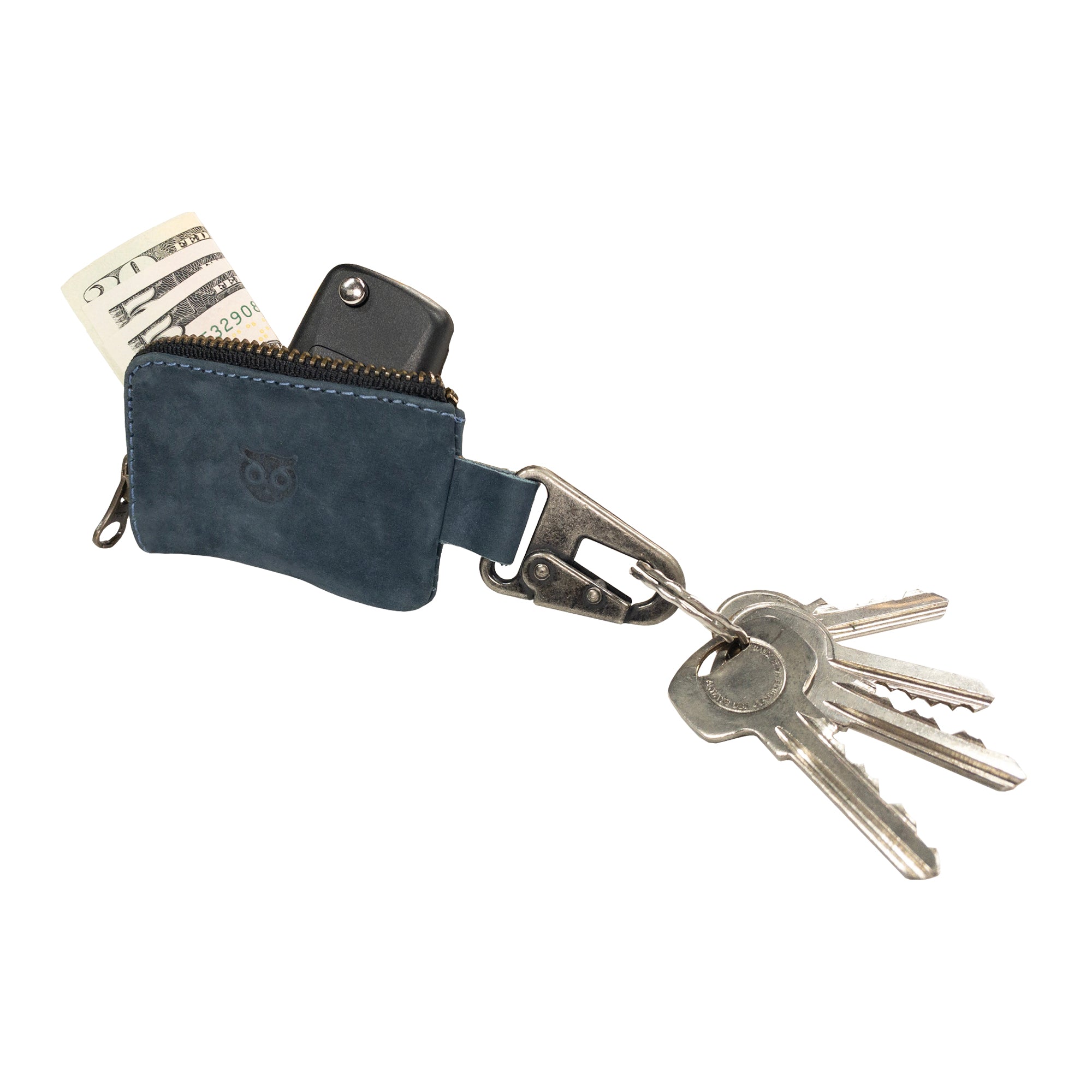 The Hide & Drink Car Key Holder displayed with keys and cash, showcasing its practicality with a nickel metal clasp and full grain leather design. Ideal as a zippered case for headphones, memory cards, and flash drives. Artisan handmade in La Antigua Guatemala & Oaxaca Mexico.