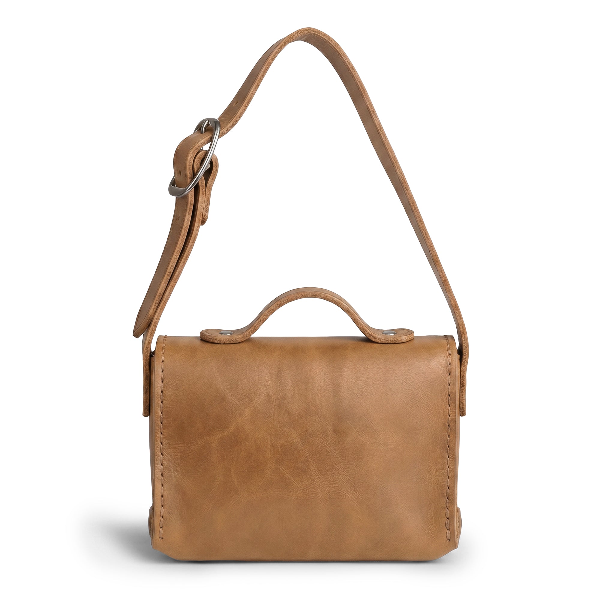 Back of the tan Tiny Messenger Bag by Hide & Drink, showcasing its smooth Full Grain Leather finish. This Mini Messenger Bag Charm is ideal for keychain or handbag use, reflecting authentic artisan quality from La Antigua Guatemala.