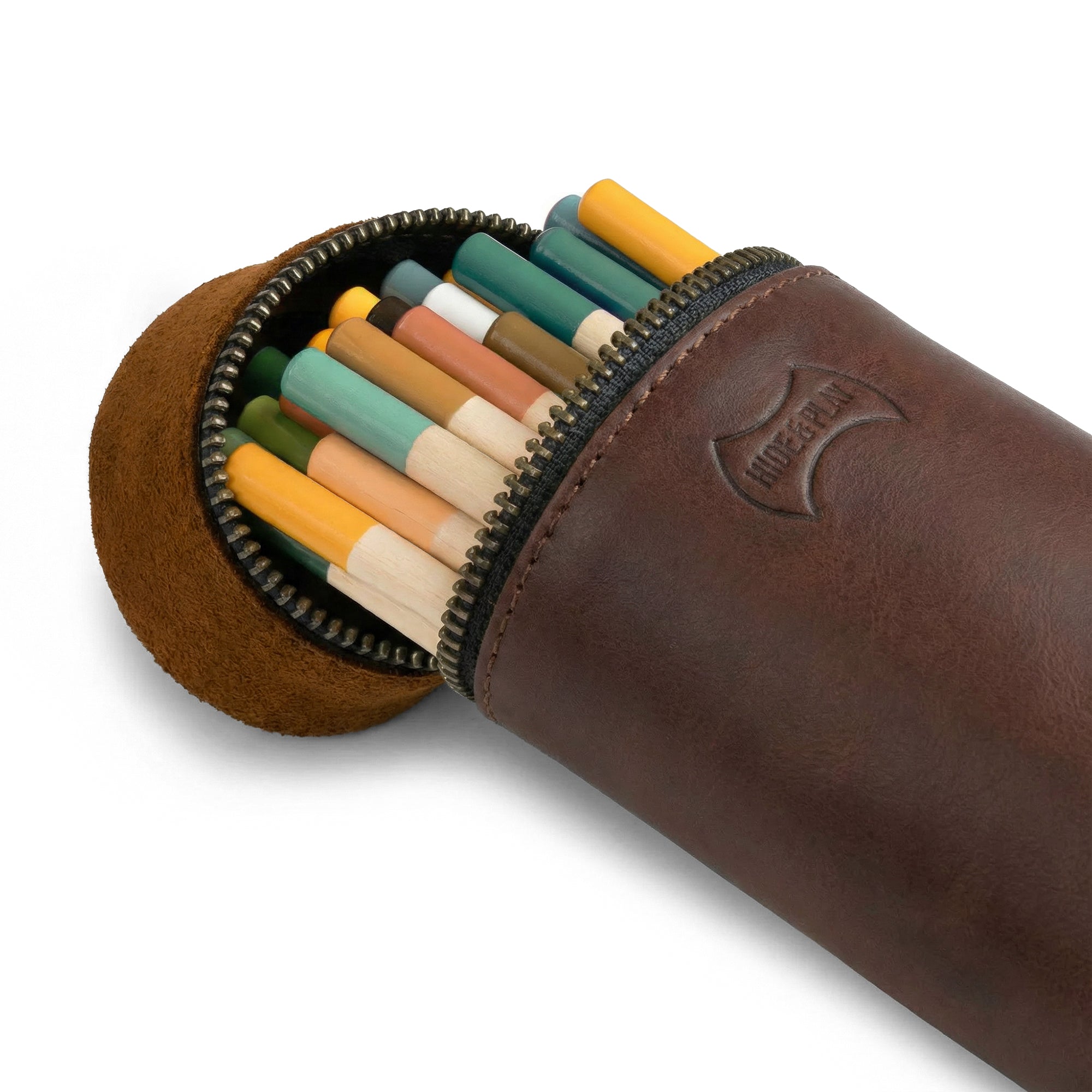 Open view of the Pencil-Shaped Case by Hide & Play filled with vibrant pens and markers. This artisan-made zippered bag, crafted from full grain leather, is designed for practical pen storage while adding whimsical charm to your workspace.
