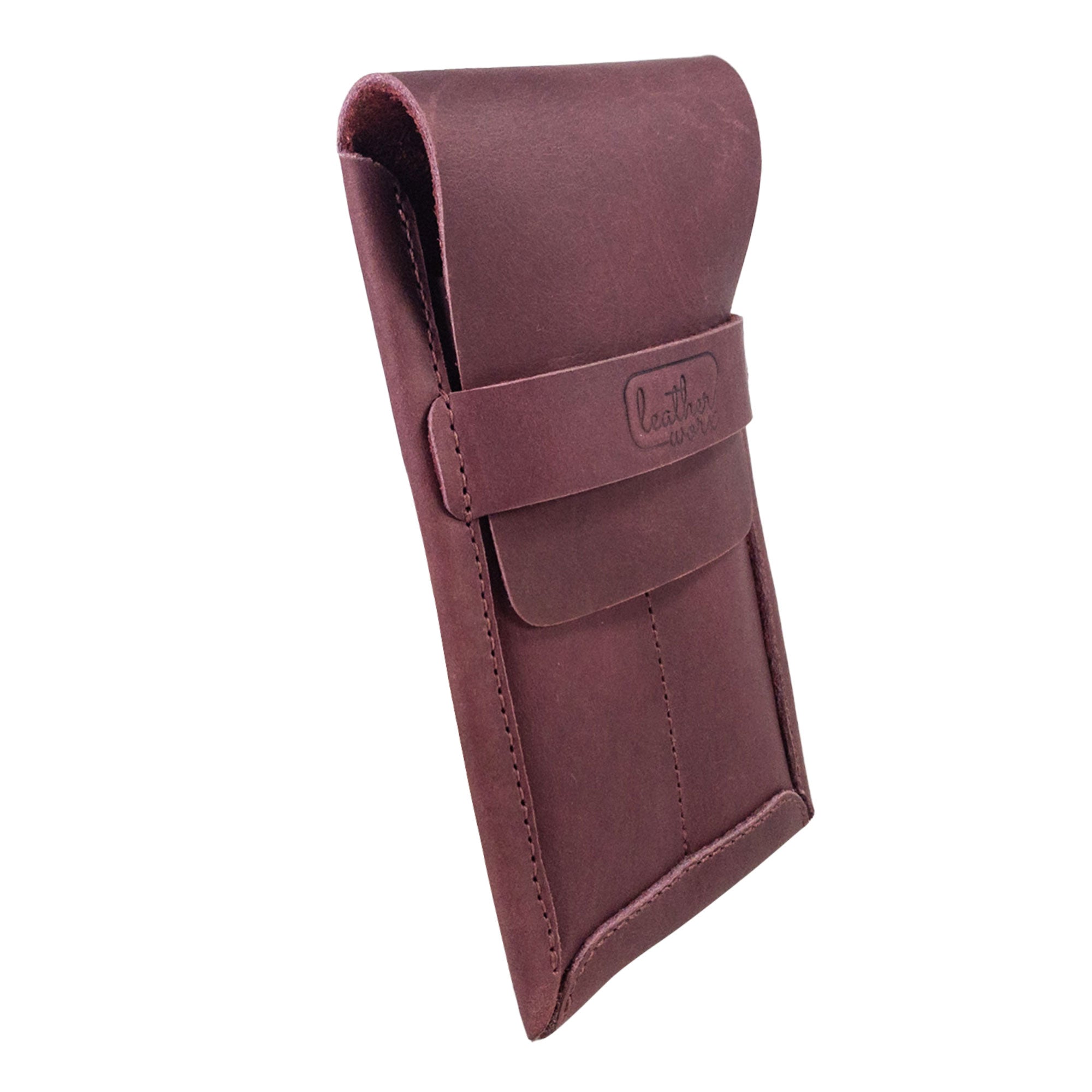 Elegant side profile of the Leather Worx Double Pen Case in burgundy, showcasing its artisanal design and Full Grain Leather material. This handmade accessory exemplifies Small Batch Production, Hand Cut, Hand Sewn, and the dedication to craftsmanship from Oaxaca Mexico.