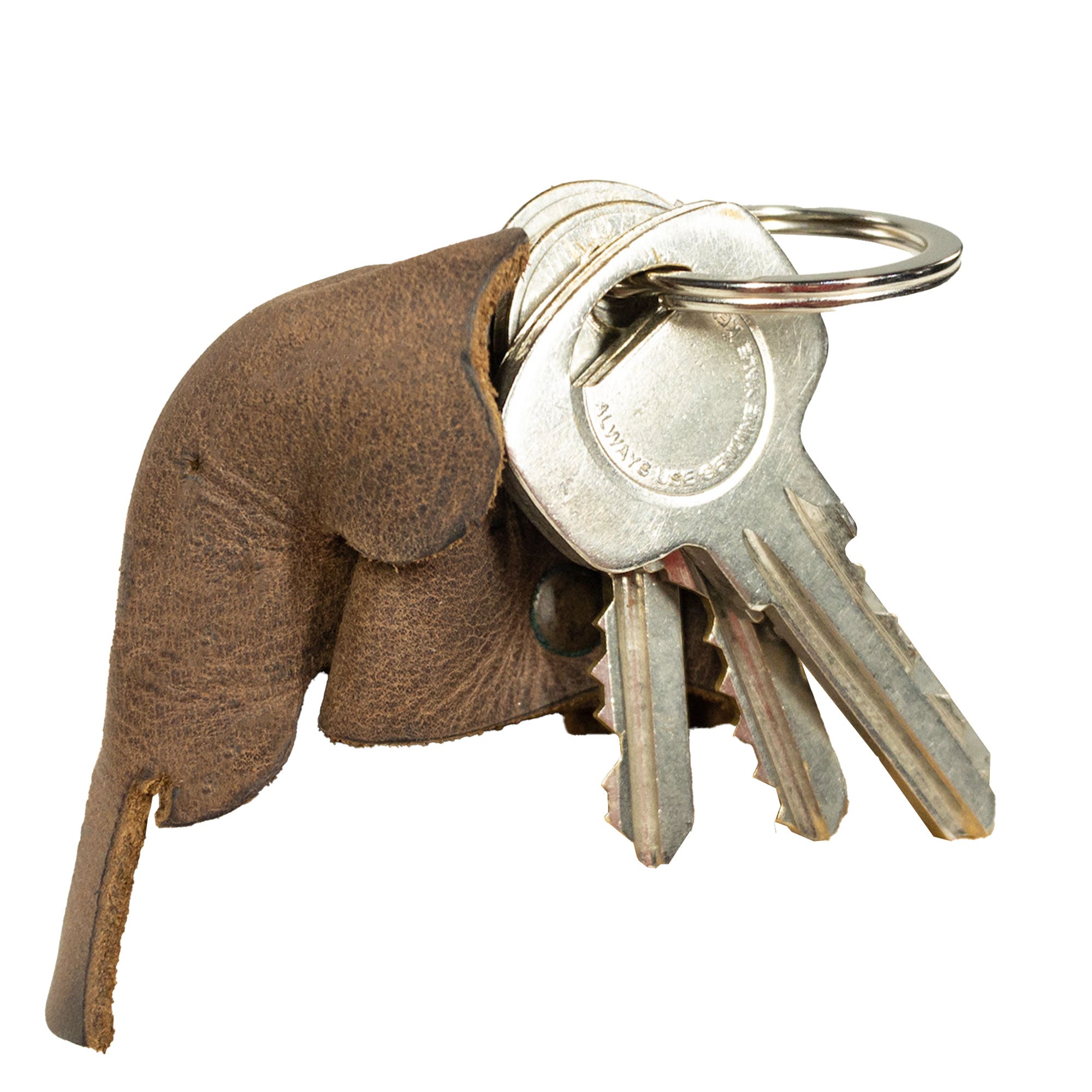 Stylish Full Grain Leather Animal Key Chain by Hide & Drink, designed in the shape of an elephant. This beautiful Critter Keychain is both a fob charm and an essential animal key holder charm pendant, showcasing artisan craftsmanship from La Antigua Guatemala.