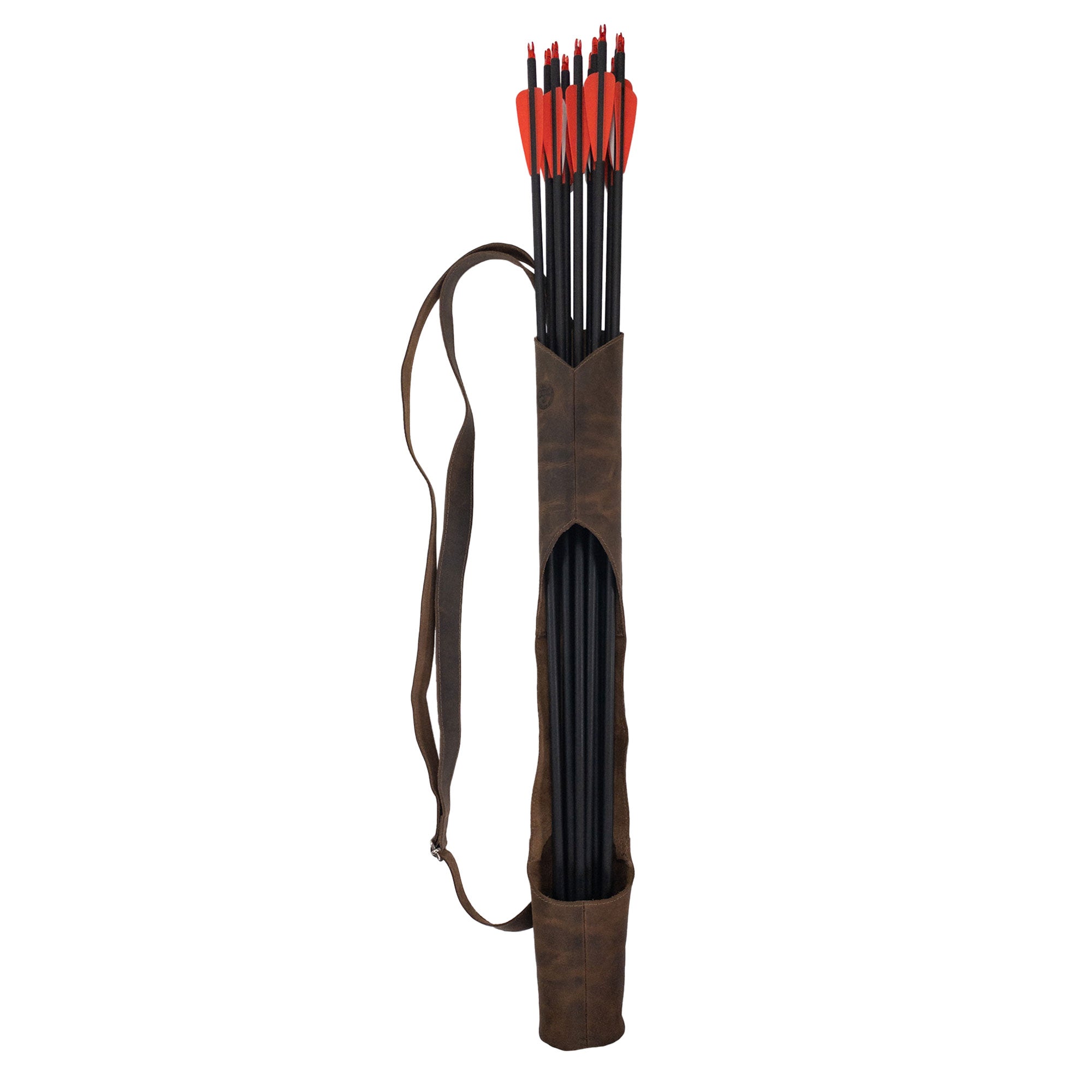 Valhalla Gear Opened Quiver filled with arrows, featuring an Opened Back Quiver with Adjustable Strap. Made from high-quality Full Grain Leather, this item is created through Small Batch Production methods, Hand Cut, Hand Sewn, and Fire Branded by artisans. Handmade in La Antigua Guatemala & Oaxaca Mexico.