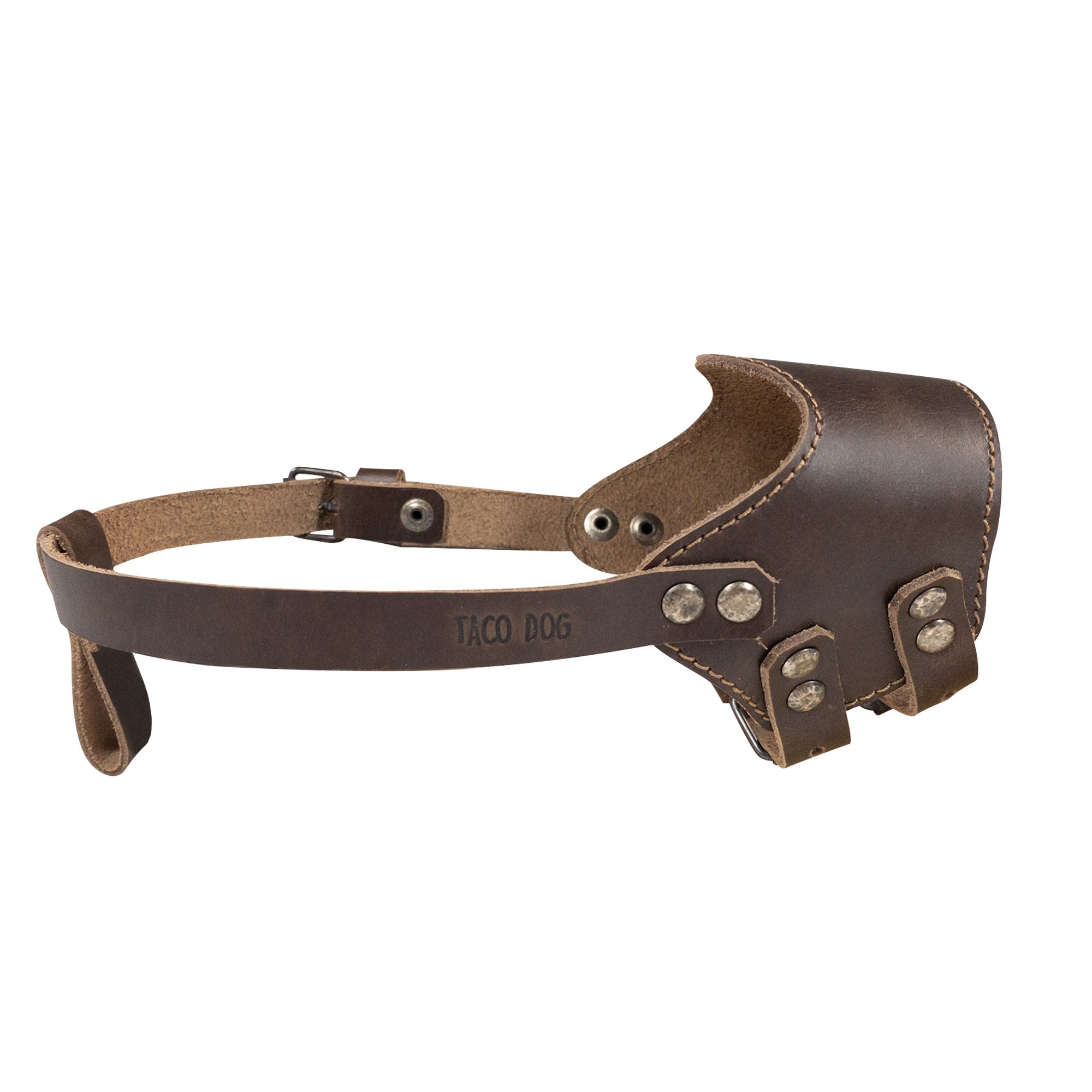 Image of the Adjustable Dog Muzzle by Taco Dog, highlighting its stylish features and durable design. This artisan muzzle, made from full grain leather, is perfect for ensuring safety and comfort while walking your dog, crafted in La Antigua Guatemala.