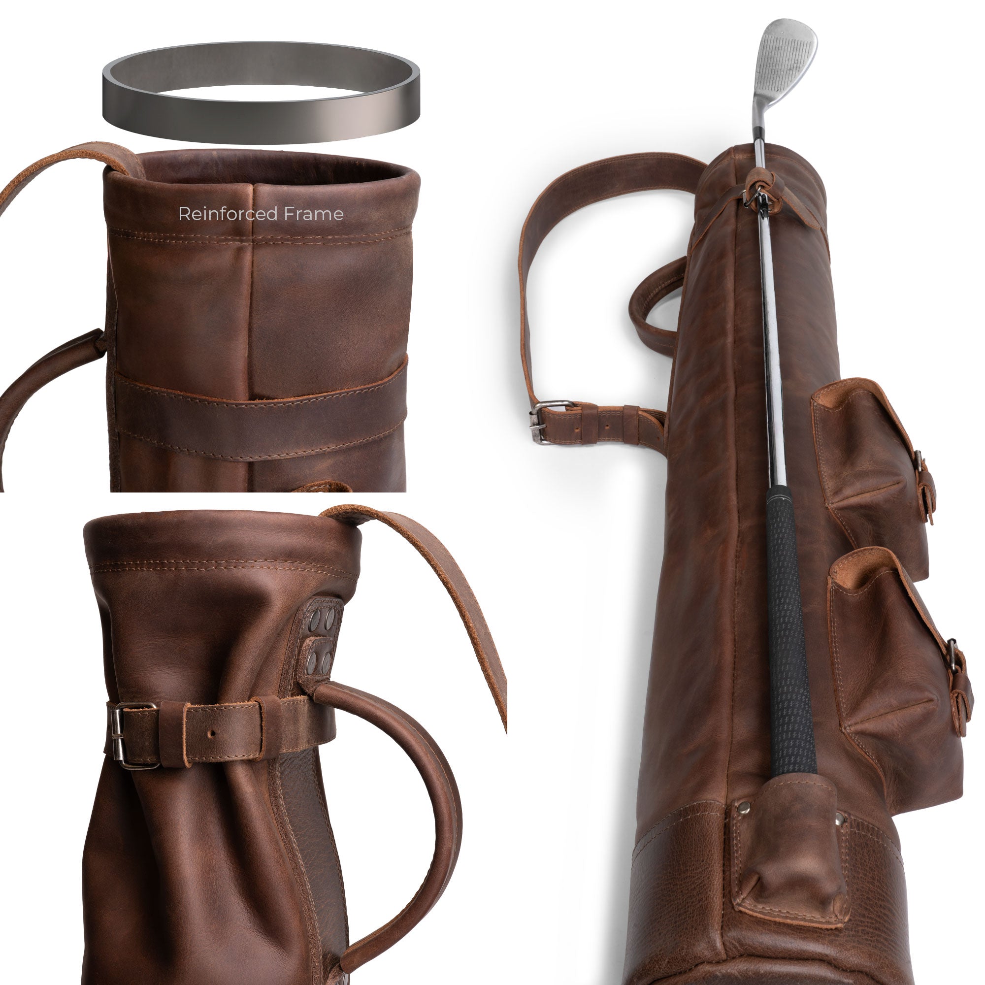 Close-up of the Vintage Sunday Carry Golf Bag from Littlefield & Co., featuring a reinforced frame for added durability. This Men's Basic Bag for Golf Clubs is ideal for golf enthusiasts who appreciate sophistication and functionality, offering a Lightweight Caddie Golfing Gear experience. Crafted with precision, this full grain leather bag is handmade in La Antigua Guatemala & Oaxaca Mexico, reflecting the artistry of StockyardX.