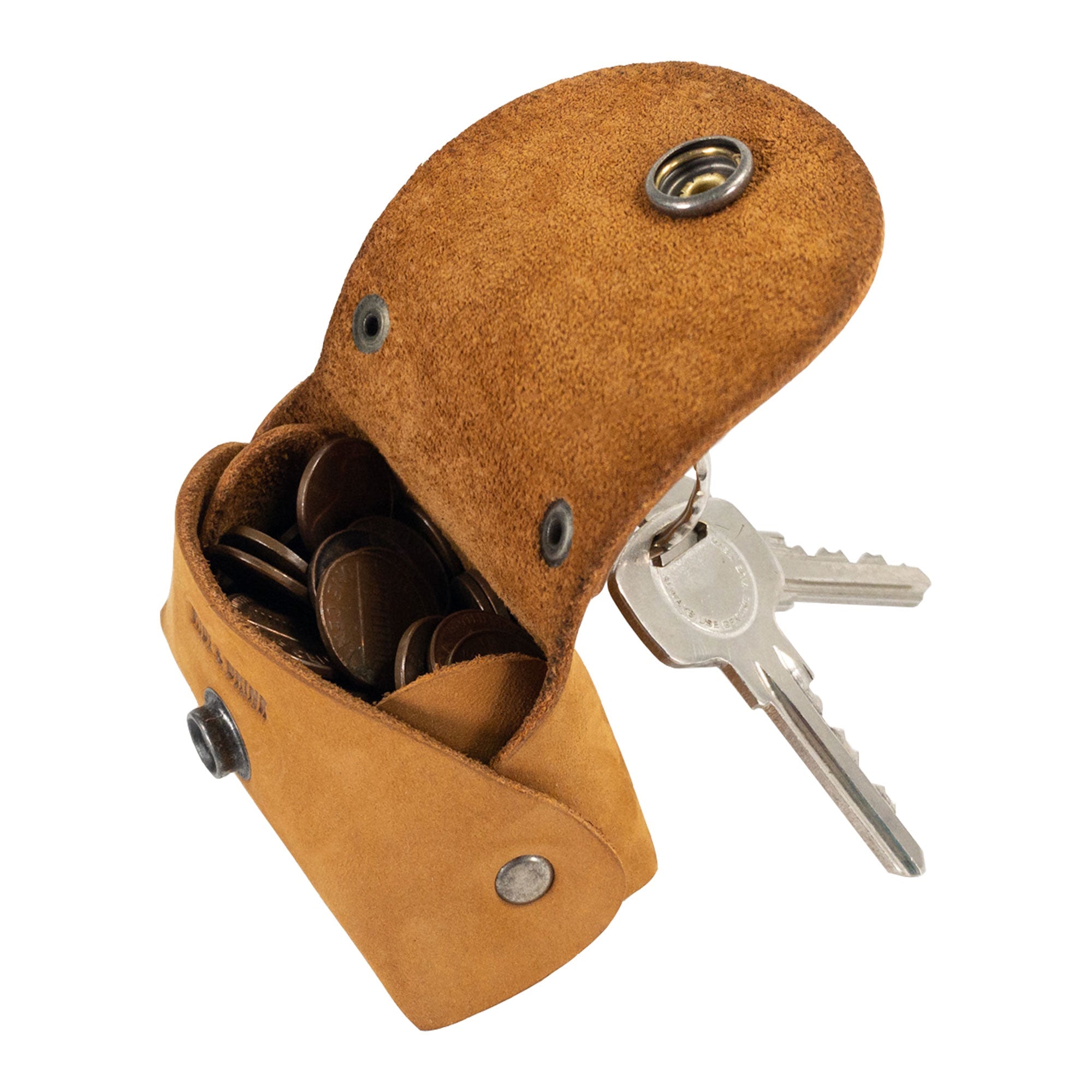 Open view of the mustard Tiny Handbag Keychain by Hide & Drink, showcasing a Tiny Handbag with Key Ring Holder with coins inside, crafted from Full Grain Leather. This stylish accessory is part of Small Batch Production, Hand Cut, Hand Sewn, and Fire Branded, proudly made by artisans in La Antigua Guatemala & Oaxaca Mexico.
