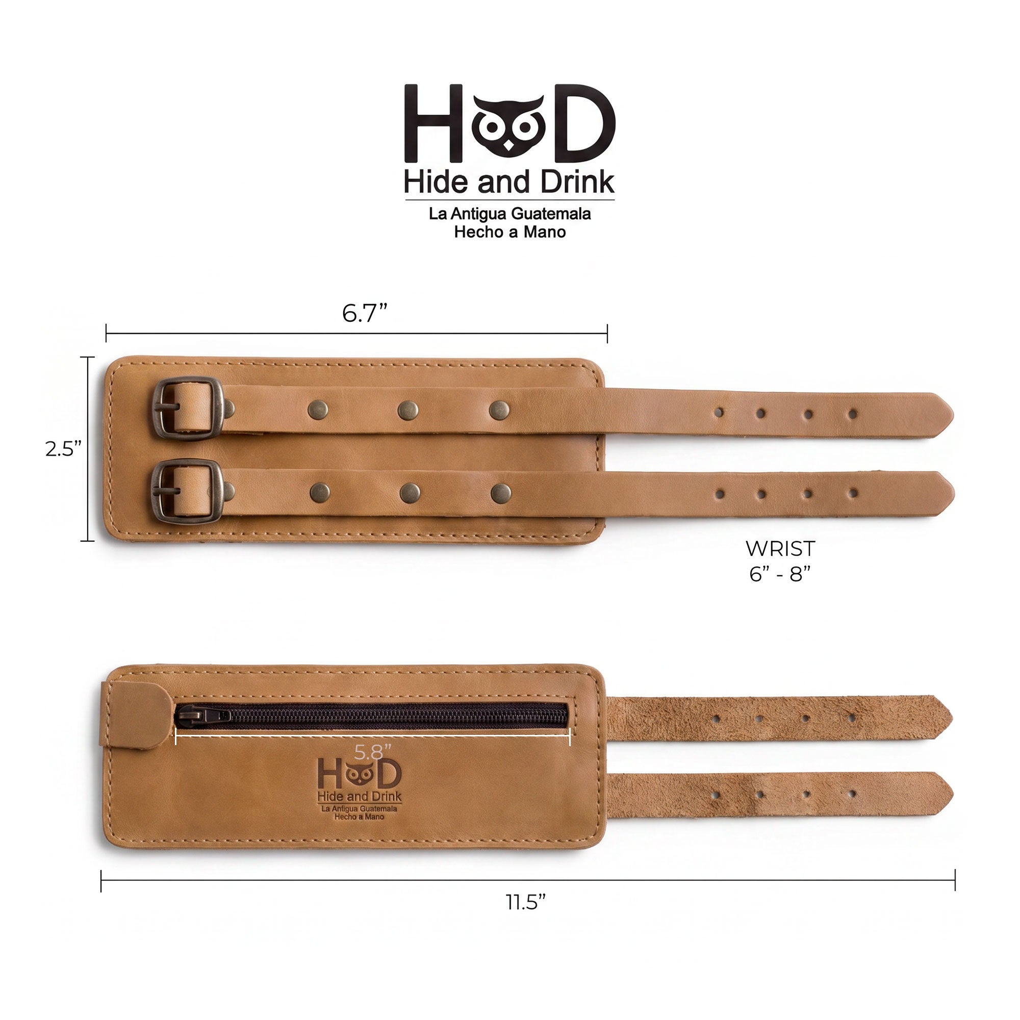 Wrist-Wallet-Cuff by Hide & Drink with dimensions displayed, illustrating the meticulous details of this artisan accessory made from Full Grain Leather, showcasing the hand cut and hand sewn craftsmanship of StockyardX, handmade in La Antigua Guatemala & Oaxaca Mexico.