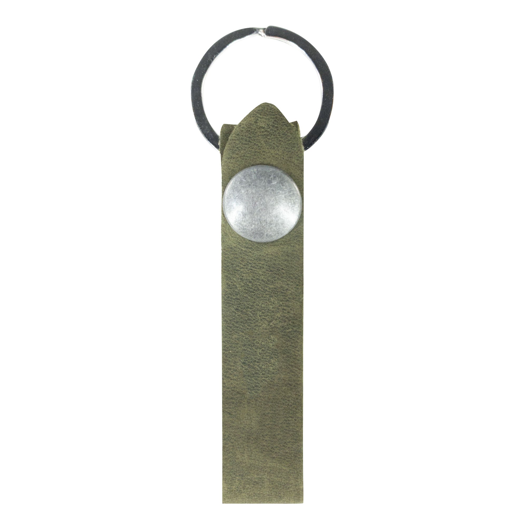 Hide & Drink Loop Keychain showcasing a functional yet stylish olive green strap for keys. This rustic keychain with belt loop is made by skilled artisans in La Antigua Guatemala & Oaxaca Mexico, reflecting their artistry.