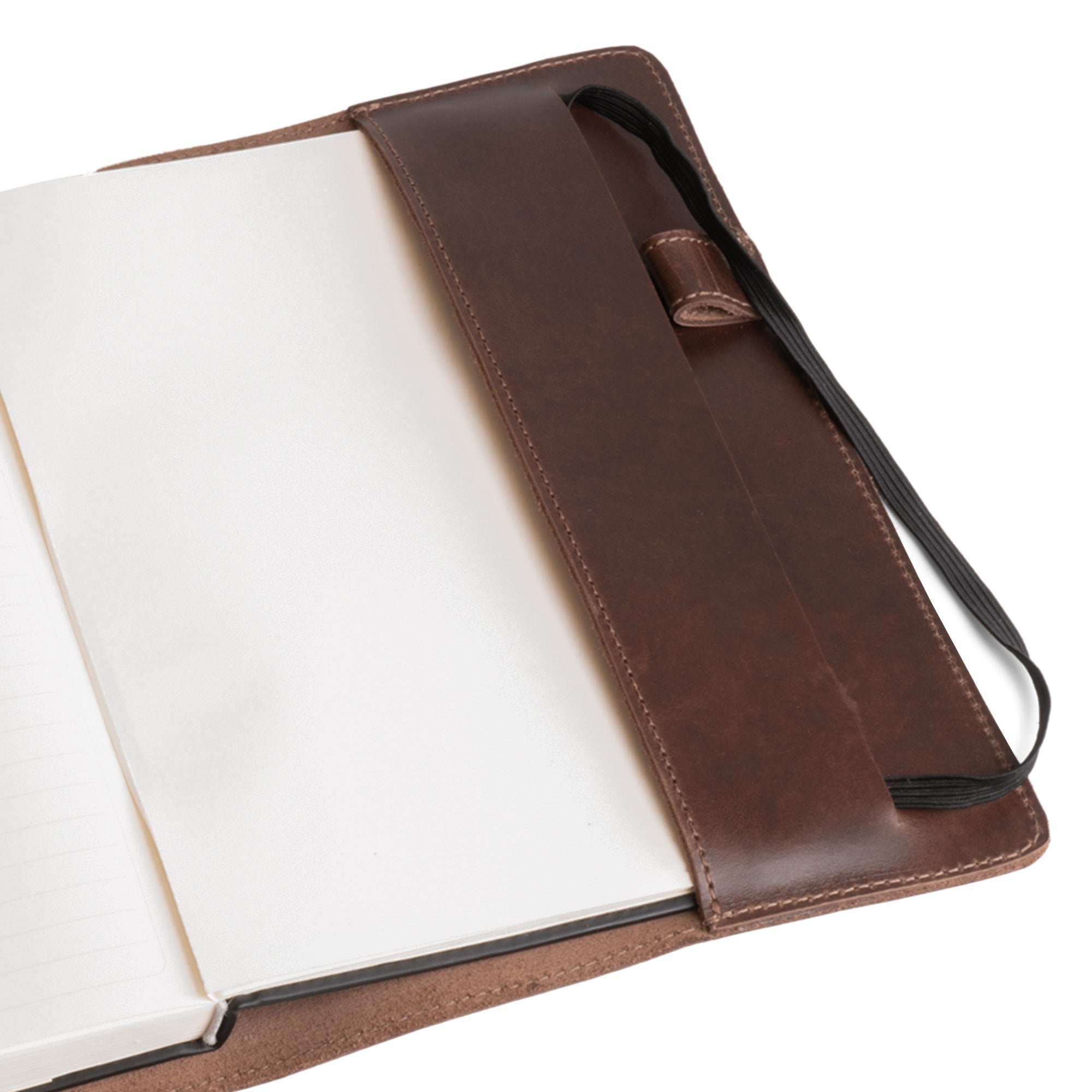 Close-up view of the Leuchtturm A5 Hardcover Case by Hide & Drink, highlighting the pen holder and interior pocket detail. This Case for Hardcover Leuchtturm A5 (5.75 x 8.25 in.) Notebook is a refined protective cover for your journal or planner, made from premium full grain leather. StockyardX, Small Batch Production, Hand Cut, Hand Sewn, Fire Branded, Artisan, Handmade in La Antigua Guatemala & Oaxaca Mexico.