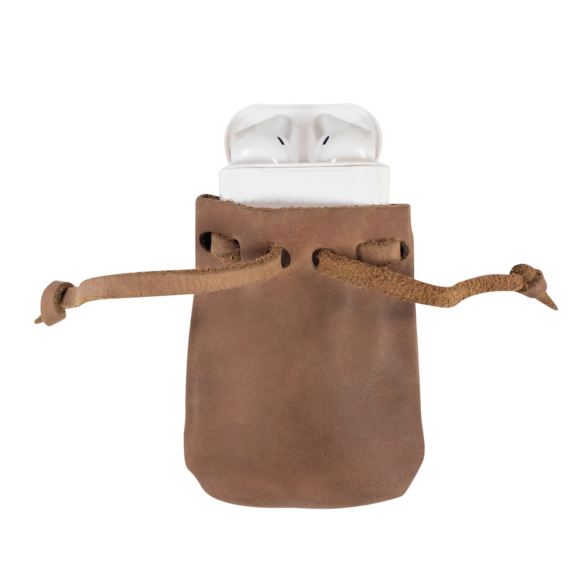 The Mini Medieval Pouch Keychain from Hide & Drink displaying AirPods, exemplifying its versatile design. This tiny bag with keyring is crafted from full grain leather, serving as a stylish coin organizer while representing artisan craftsmanship in La Antigua Guatemala.
