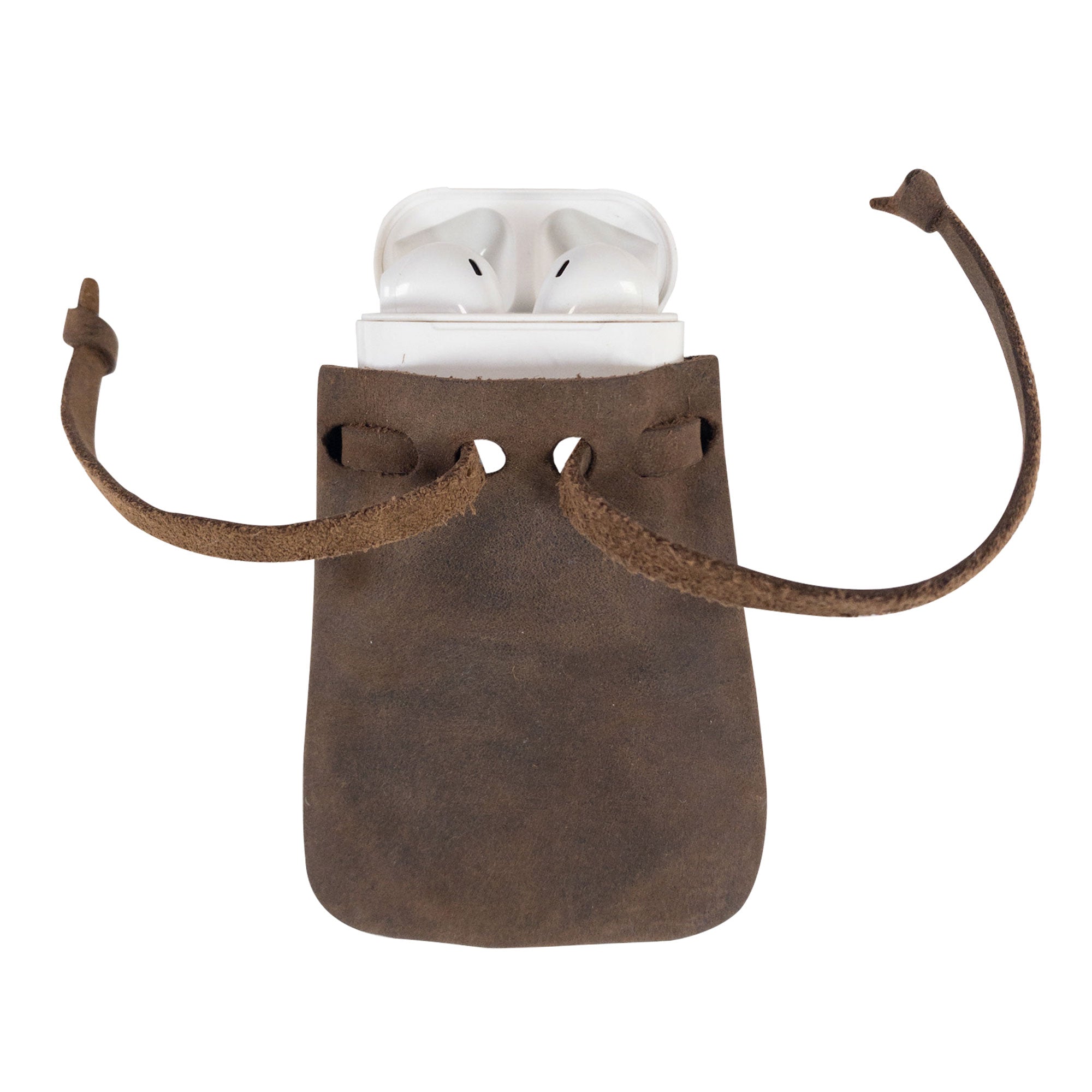 AirPods nestled in a Mini Medieval Pouch Keychain by Hide & Drink. This tiny bag with keyring, crafted from durable full grain leather, brilliantly serves as a coin organizer or pouch. Celebrate artisan craftsmanship and small batch production handmade in La Antigua Guatemala.