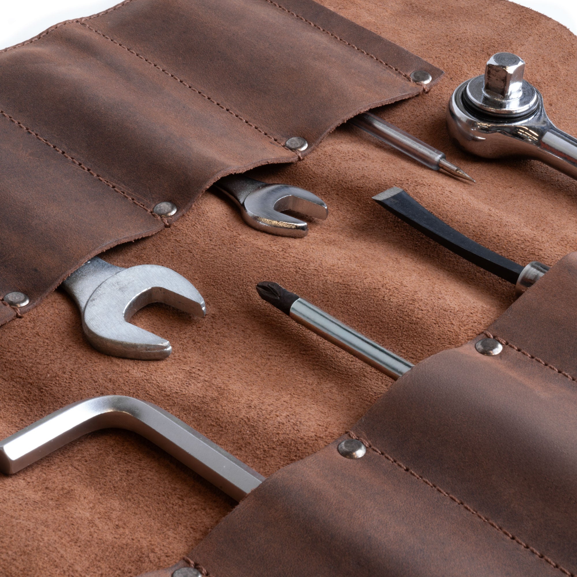 Hide & Drink Tool Roll (12 Pockets): Neatly arranged leather tool roll showcasing tools in organized slots, perfect for professionals and DIY enthusiasts alike. Tool Bag Roll Up, 12 Slot Heavy Duty Tool Roll Bag Organizer, Tool Roll Up Bag, Portable Tool Wrap Roll Bags for Travel, Durable Tool Kit Folding Tool Pouch Roll Up Mechanic Gifts for Men, Full Grain Leather, StockyardX, Small Batch Production, Hand Cut, Hand Sewn, Fire Branded, Artisan, Handmade in La Antigua Guatemala & Oaxaca Mexico.