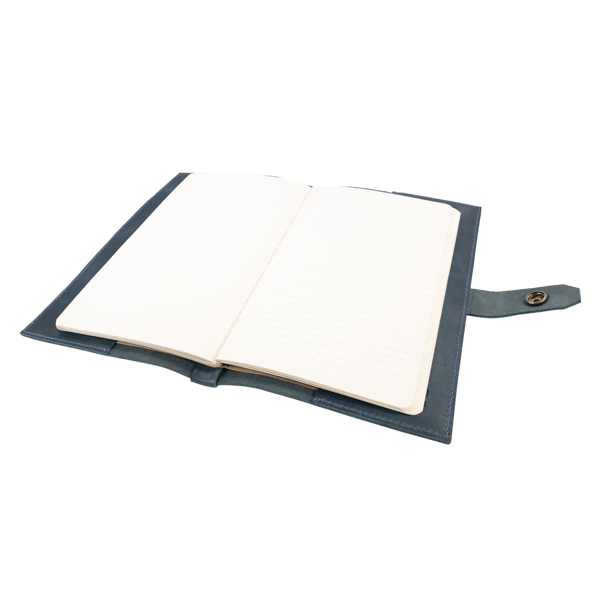 Elegant side profile of Hide & Drink's Riveted Field Note Cover for Moleskine (5 x 8.25 in.) Notebook NOT Included, highlighting the craftsmanship of full grain leather. This artisan product is made in La Antigua Guatemala & Oaxaca, Mexico.