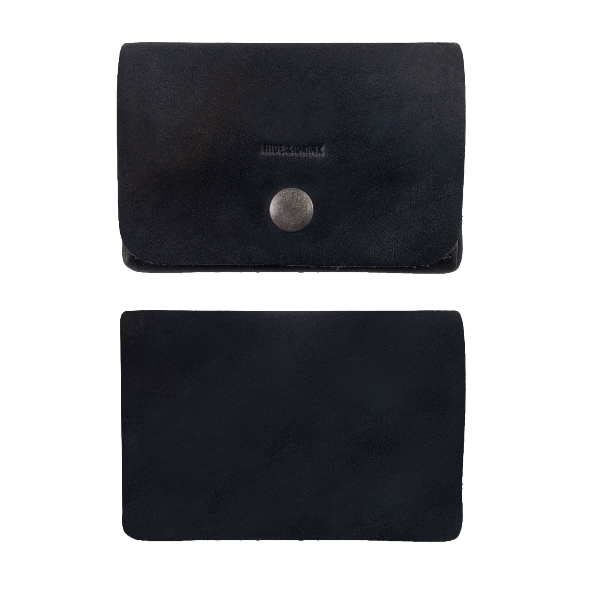 Comprehensive view of the black Leather Double Pouch Card Wallet by Hide & Drink showing outer details. As an efficient card organizer, cash holder, and ID case, it’s perfect for both men and women, made from Full Grain Leather in La Antigua Guatemala & Oaxaca Mexico.