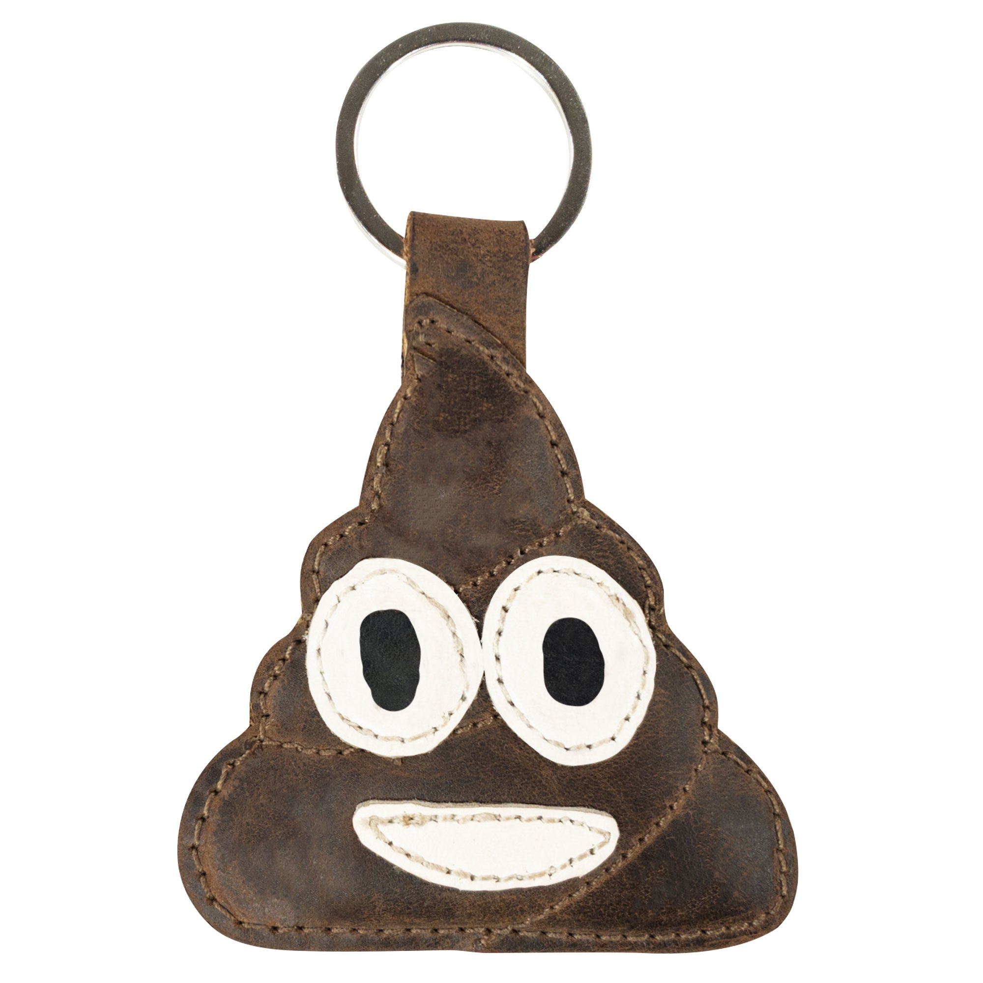 The Poop Emoji Keychain by Hide & Drink displayed with a distinct smiley face. This adorable leather keychain is ideal for cute gifts and fashion accessories. Made from Full Grain Leather, it highlights StockyardX's focus on Small Batch Production through meticulous hand-cut and hand-sewn craftsmanship. Fire branded and artisan-made, lovingly handcrafted in La Antigua Guatemala & Oaxaca Mexico.
