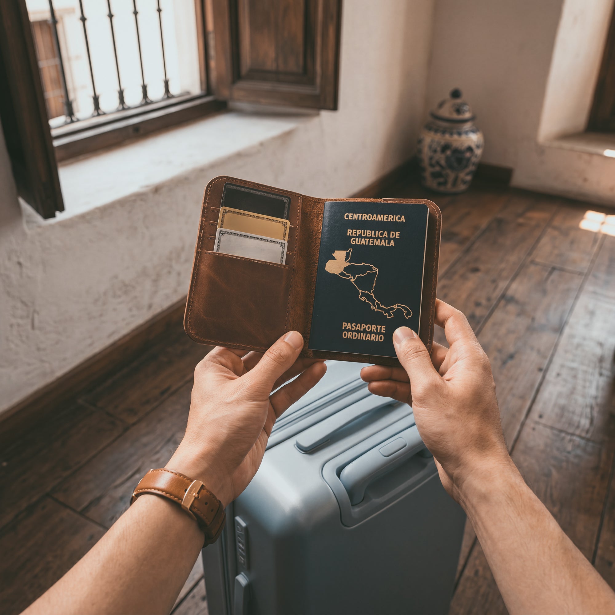 Open view of the Hide & Drink Travel Wallet, demonstrating ample space for cards and documents, ideal as a bifold passport case. This handmade travel wallet features a classic cover, crafted from premium leather, made in La Antigua Guatemala.