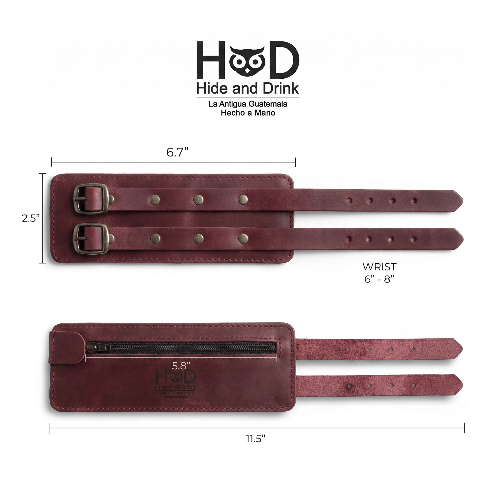 The functional design of Hide & Drink's Wrist-Wallet-Cuff made from Full Grain Leather is highlighted here. This rustic leather bracelet features a hidden pouch for bills and an inner zippered pouch, blending convenience with style. Artisan-crafted in La Antigua Guatemala & Oaxaca Mexico, it exemplifies quality craftsmanship.