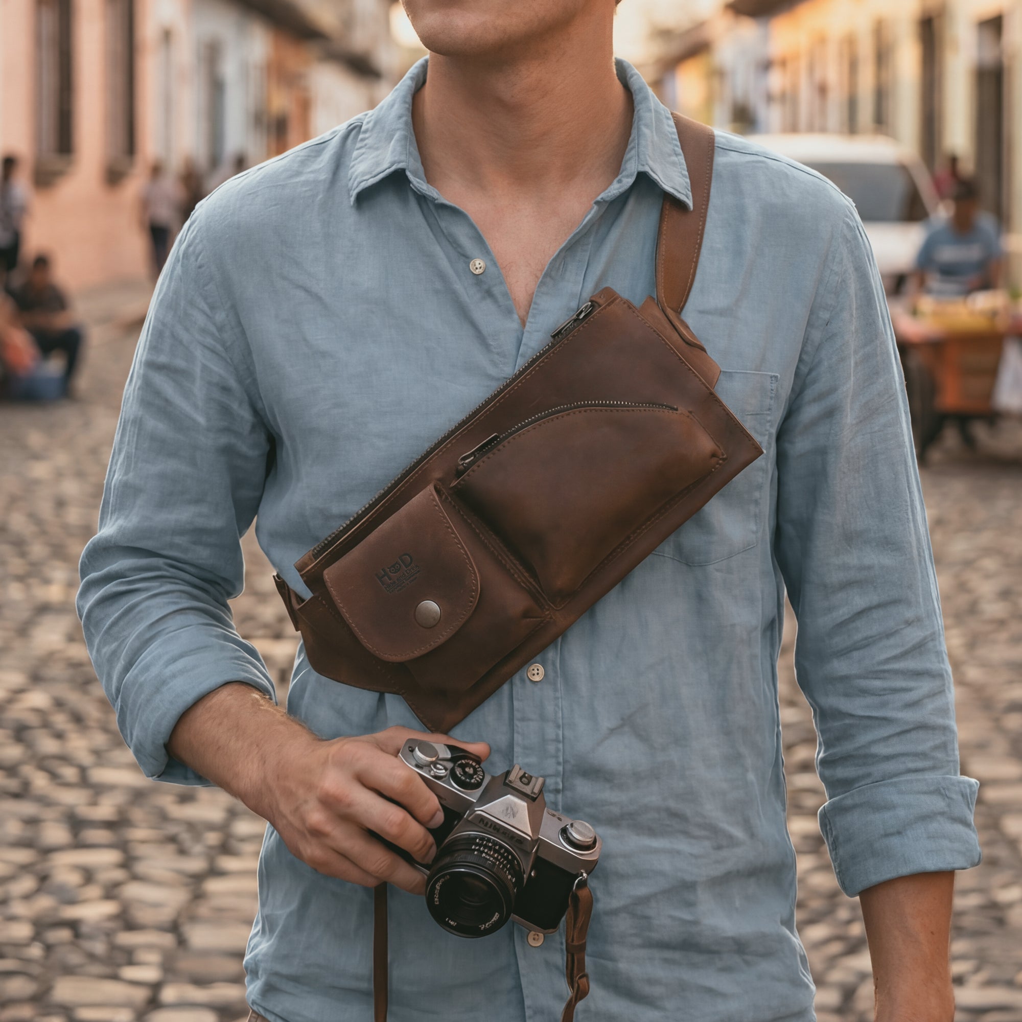 The Crossbody Multi-Pocket Bag by Hide & Drink is modeled and worn, demonstrating its fashionable utility in dark full grain leather. As a versatile Crossbody Bag, Messenger Bag, and Shoulder Bag, it serves as an ideal Travel Accessory. Handmade in small batches, this artisan product showcases the attention to detail from La Antigua Guatemala & Oaxaca Mexico.