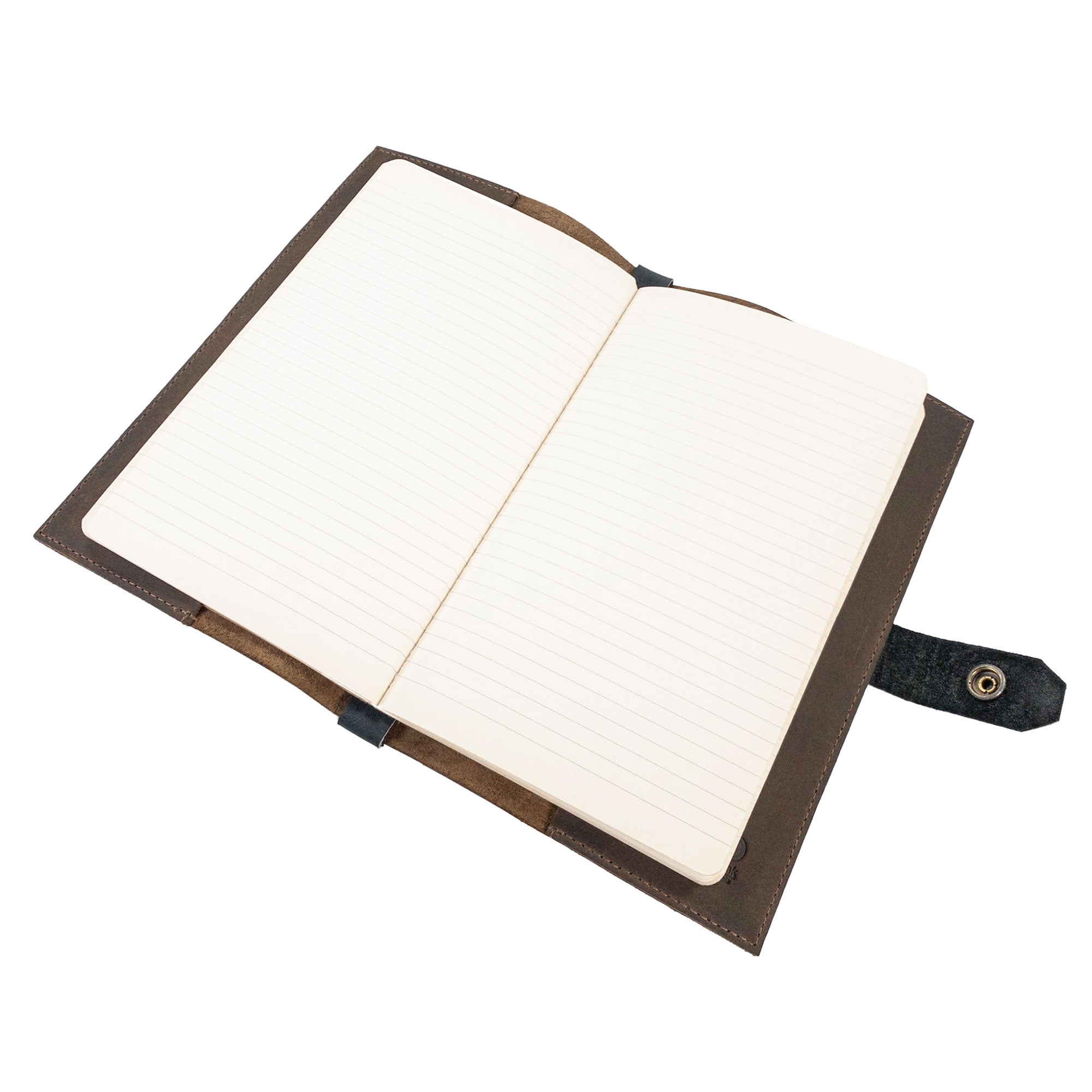 Open view of Hide & Drink's Riveted Field Note Cover for Moleskine (5 x 8.25 in.) Notebook NOT Included, designed with lined pages for practical use. This full grain leather cover ensures durability while representing small batch artisan craftsmanship from La Antigua Guatemala & Oaxaca, Mexico.