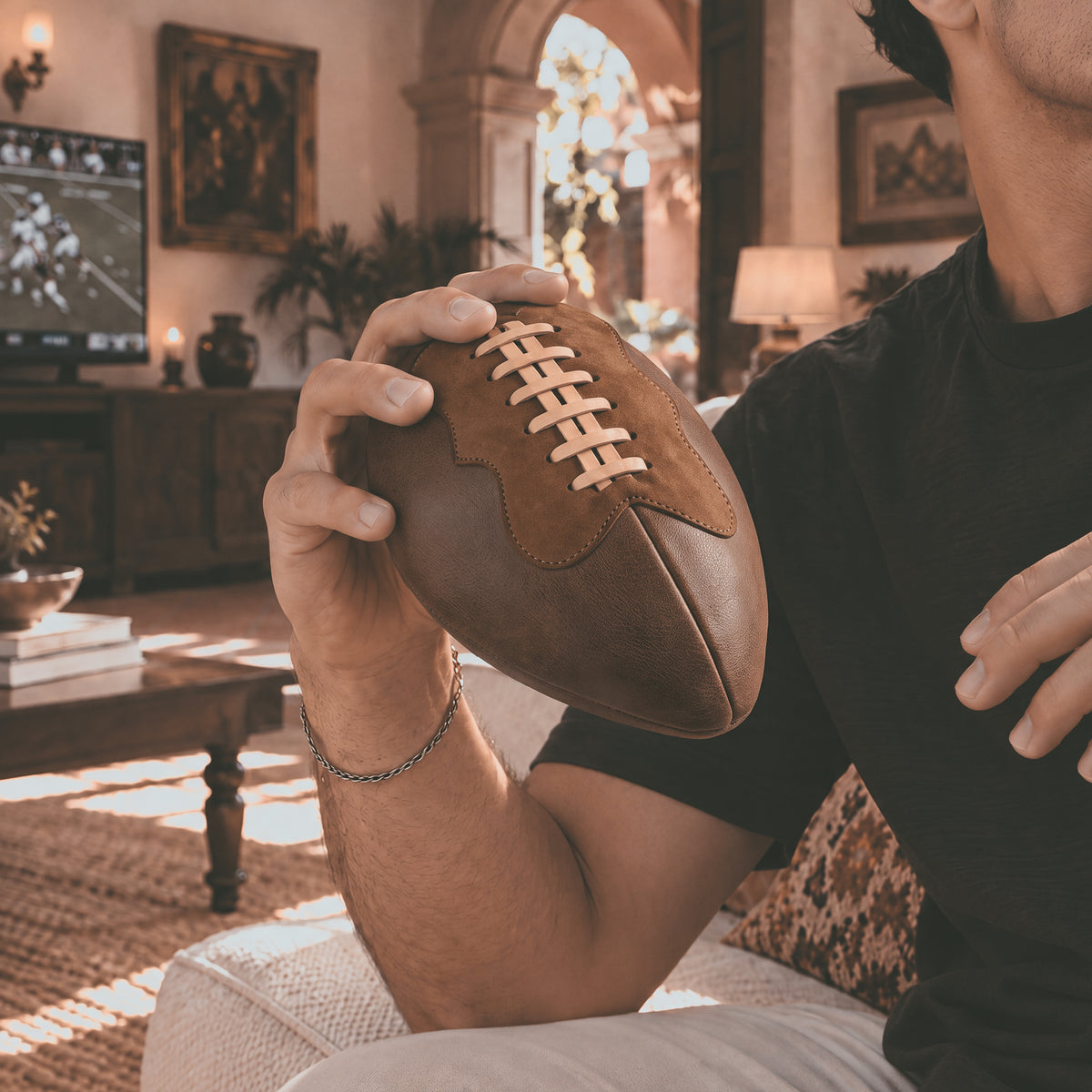 Top view of the handmade Football Toiletry Bag by Hide & Drink, showcasing its rustic design featuring full grain leather and suede details. This Gameday Football Dopp Toiletry Bag serves as a stylish travel organizer and a durable bag for grooming essentials, perfect for shaving kit storage. Crafted with care in La Antigua Guatemala, this artisan-made piece exemplifies small batch production with hand-cut and hand-sewn techniques.
