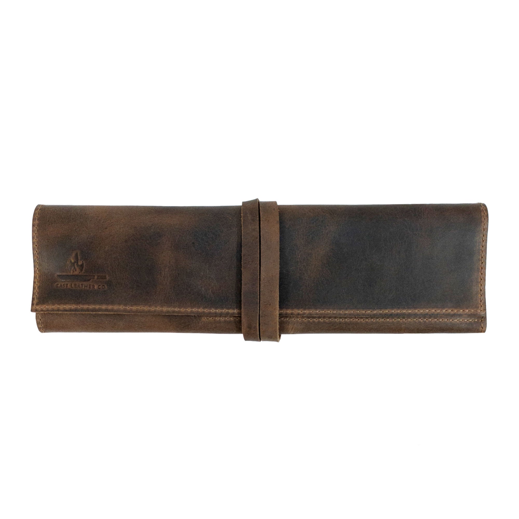 Closed Rustic Roll Bag for Chopsticks, exhibiting a stylish wrap design made from full grain leather by Cast Leather Co. This bag is perfect for compact storage, showcasing the beauty of artisan craftsmanship. Rustic Roll Bag for Chopsticks, Rustic Roll for Chopsticks, Case for Bamboo Wooden Chopsticks, Kitchen Organizer, Full Grain Leather, StockyardX, Small Batch Production, Hand Cut, Hand Sewn, Fire Branded, Artisan, Handmade in La Antigua Guatemala & Oaxaca Mexico.