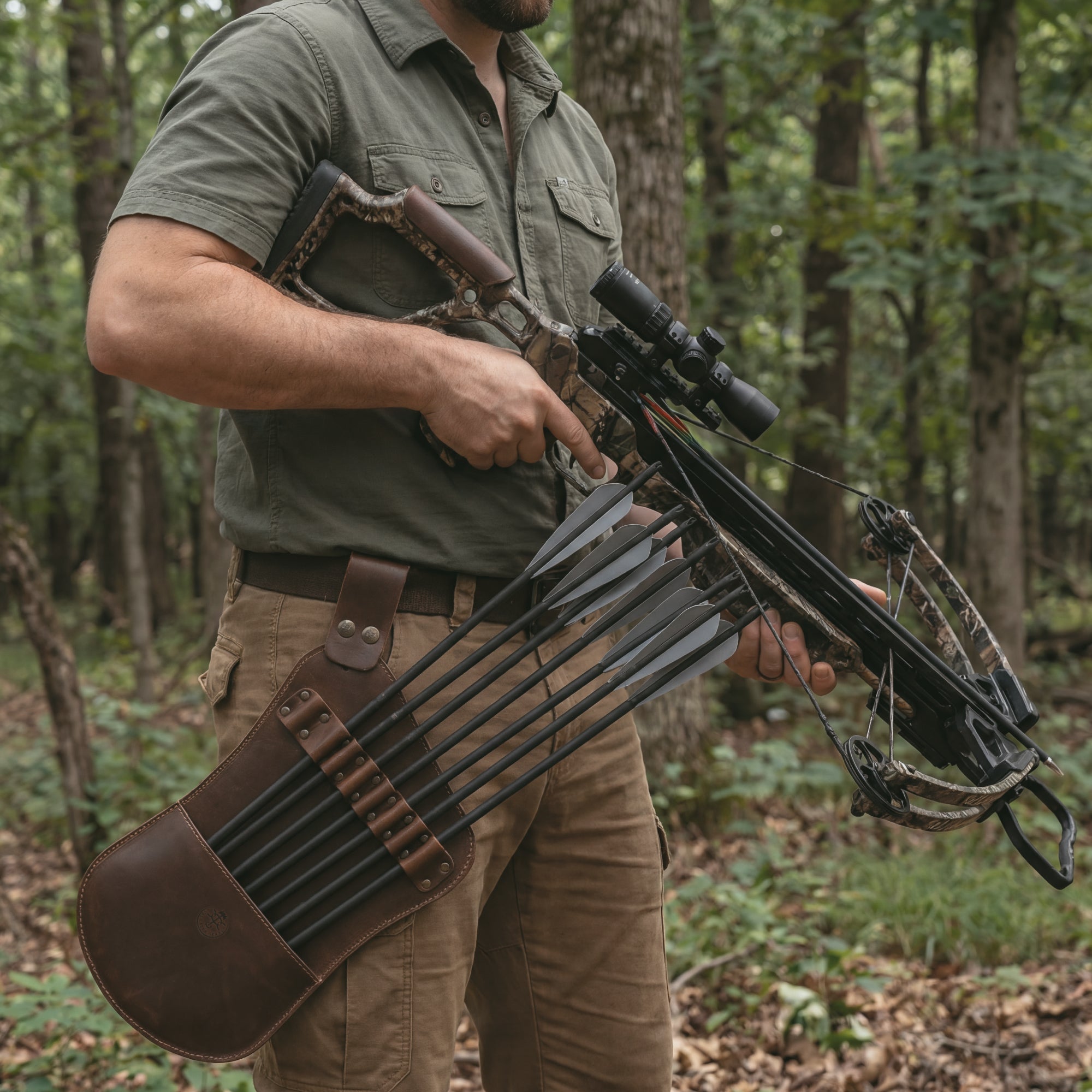 Actively used in a forest setting, The Arbalest, Bolts Hip Quiver by Valhalla Gear is designed for archery with practical features. This Leather Crossbow Bolts Hip Quiver with Belt Loops functions as a waist arrow holder, providing easy access during hunting. As a bag for arrows, it reflects artisan craftsmanship, handcrafted in La Antigua Guatemala & Oaxaca Mexico, perfect for dedicated archers.