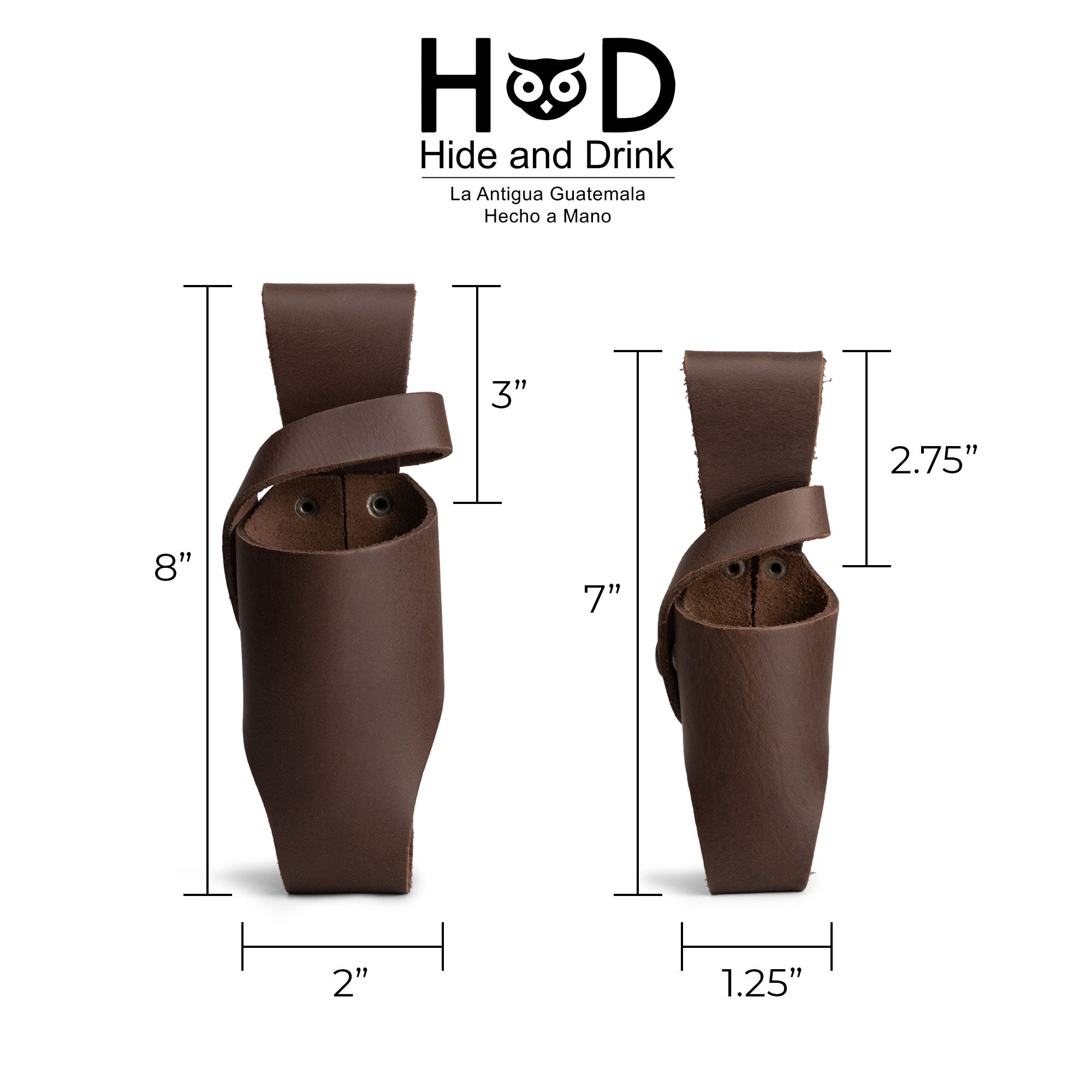 Hide & Drink Tabasco Holsters (2pk) presenting precisely measured hot sauce holsters for 5oz and 2oz bottles. These full grain leather holders are perfect for Tabasco and Cholulah hot sauces, emphasizing small batch production and artisan techniques, handmade in La Antigua Guatemala & Oaxaca Mexico.
