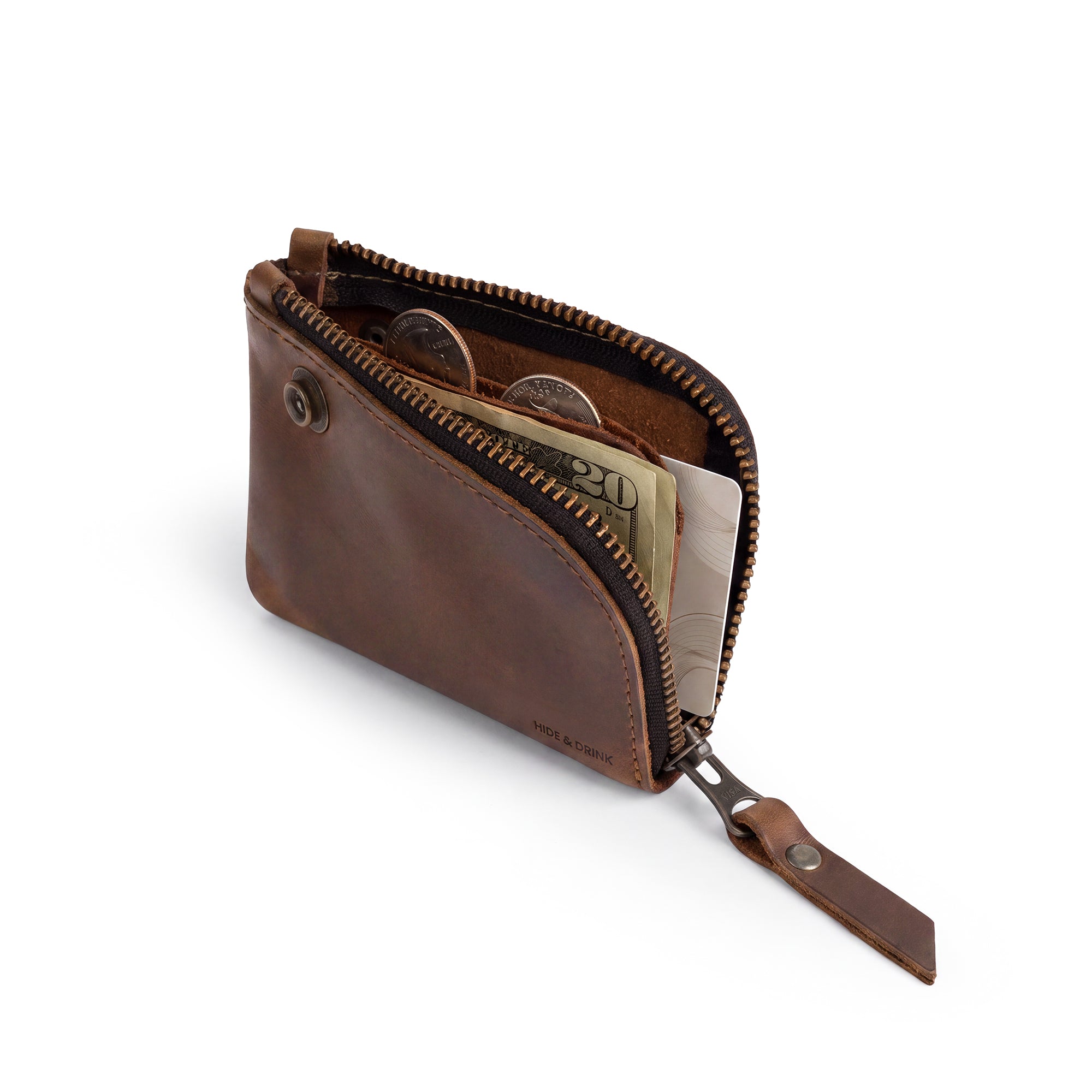 Interior view of the Lion's Mane Zippered Wallet by Hide & Drink. Features compartments ideal for organizing cards and cash, making it a perfect mini pouch for everyday use.