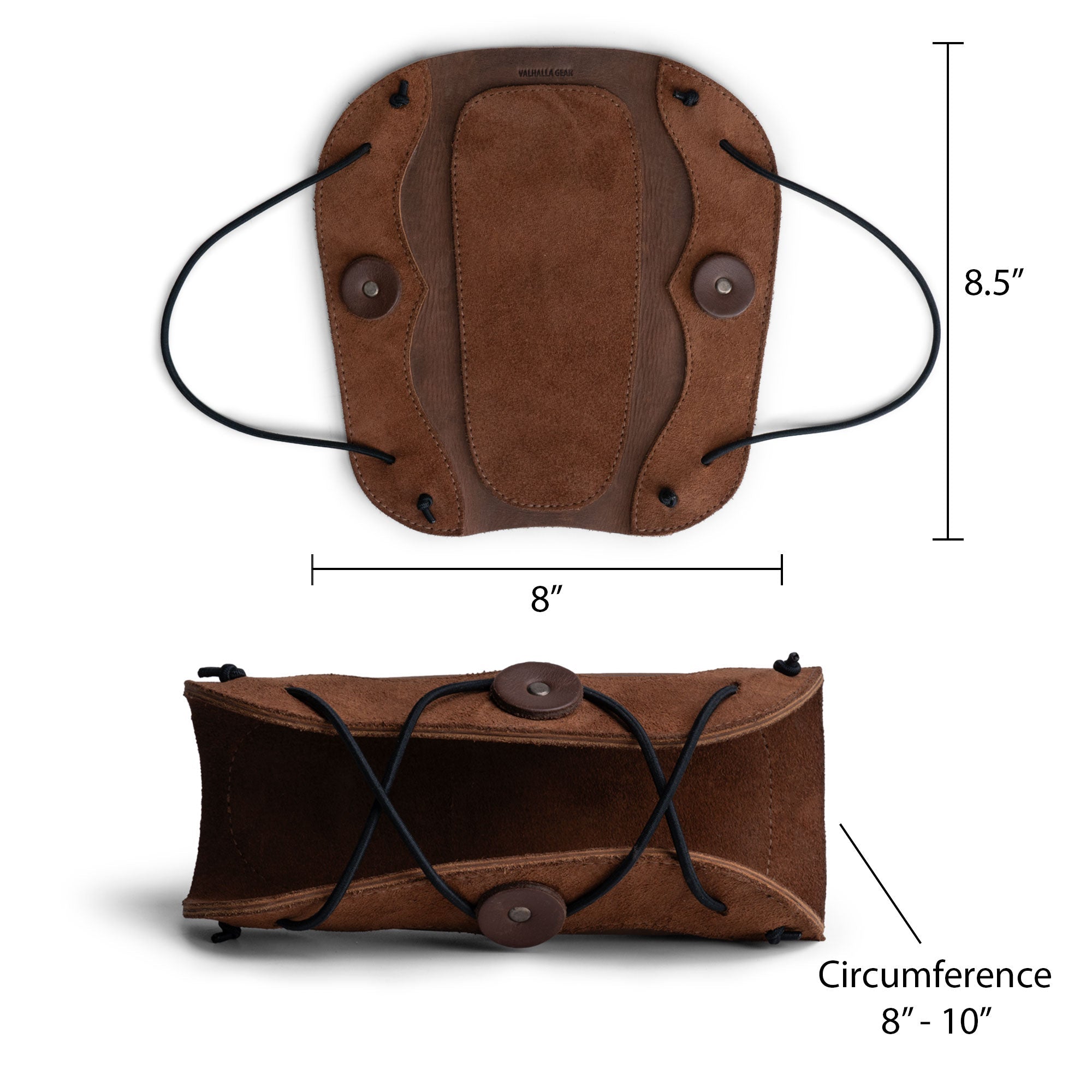 Top and bottom view of the Elastic Archery Bracer from Valhalla Gear, featuring dimensions and adjustable straps for a custom fit. This forearm protector is made from durable full grain leather, combining functionality for bow shooting and aesthetic appeal for cosplay, all handmade with care.