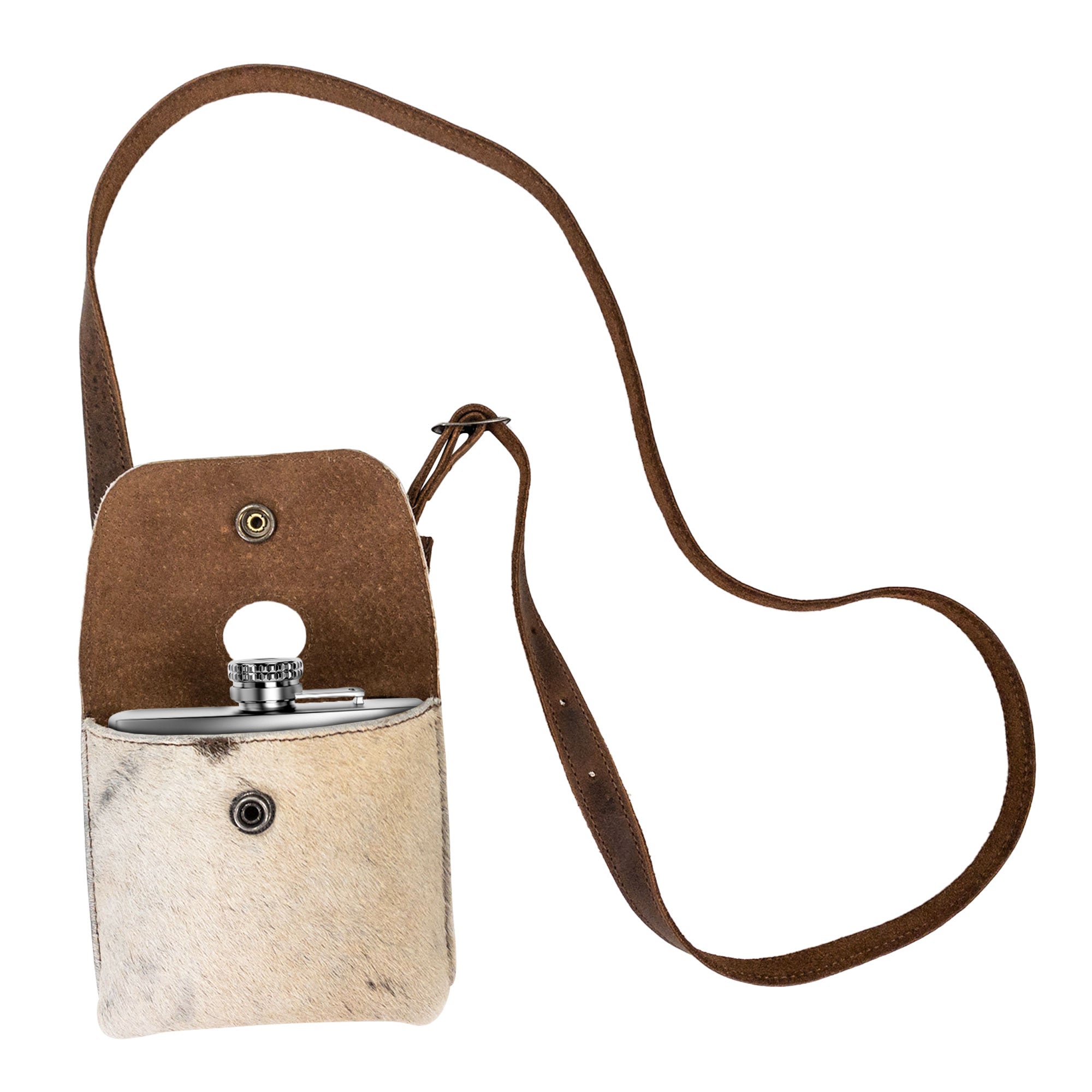 An open view of the Western Leather Works Liquor Flask Holder, featuring premium Hair On Hide Full Grain Leather. This handmade product is designed for convenience, allowing you to carry your essentials with style. Note that the bottle is not included. Each holder is meticulously crafted through small batch production, showcasing hand cut and hand sewn details, fire branded for authenticity, handmade in La Antigua Guatemala & Oaxaca Mexico.