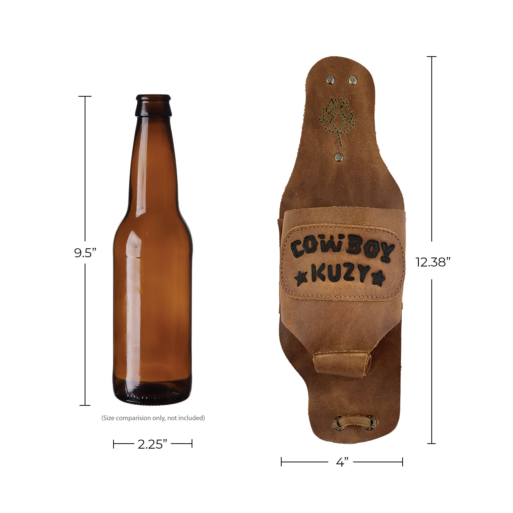 Size comparison of the Beer Holster Stitched Designs by Hide & Drink next to a standard beer bottle, demonstrating its practical dimensions. This Beer Holster for Cowboy serves as an ideal handsfree beverage holder for men and women, crafted from premium Full Grain Leather, emphasizing the value of small batch production with a focus on hand cut and hand sewn details, artisan made in La Antigua Guatemala & Oaxaca Mexico.