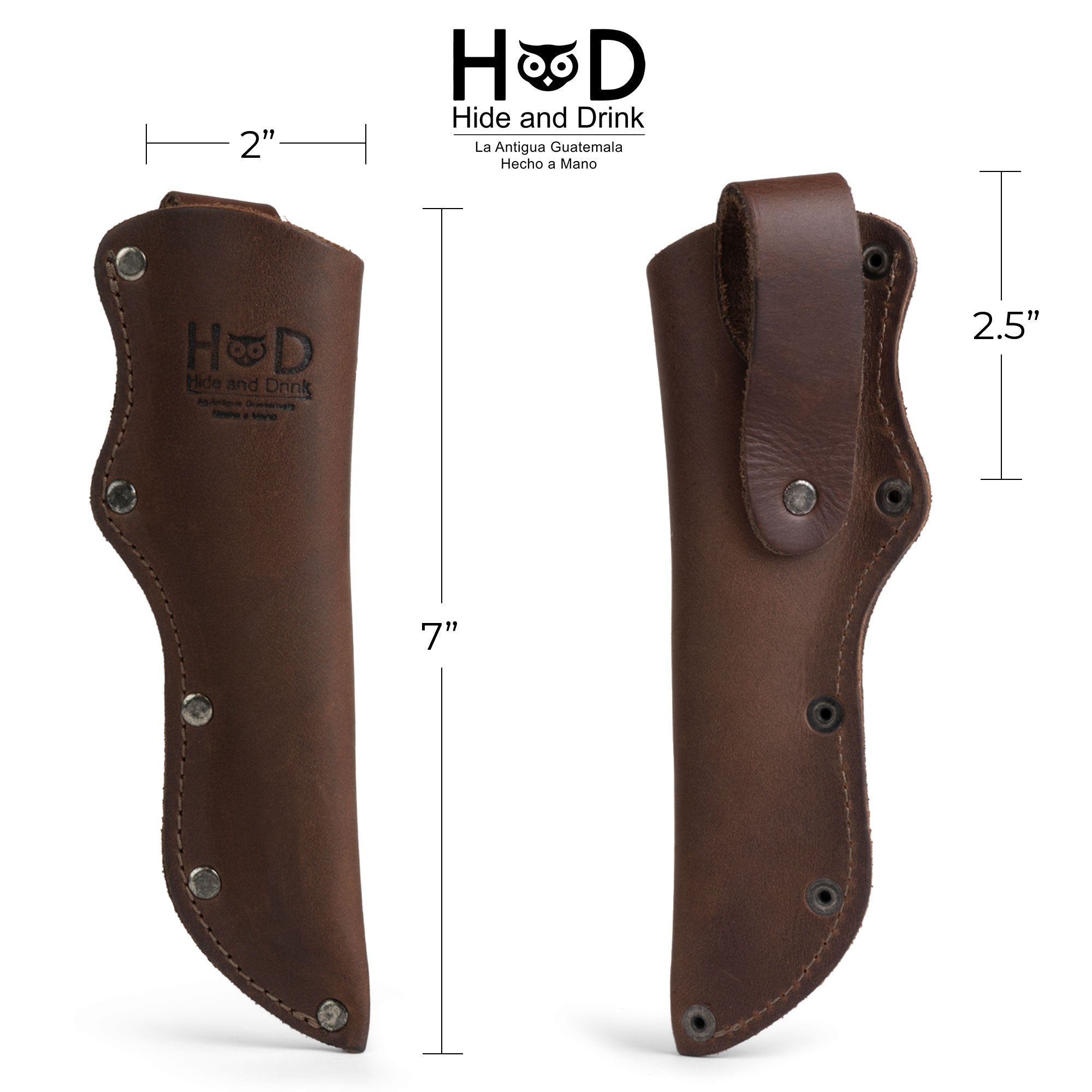 Hide & Drink's Belt Mora Knife Sheath, featuring dimensions for a Thick Sheath for Mora Knife with Belt Loop. An artisan-crafted accessory in Full Grain Leather, ideal for camping fans and tactical purposes.