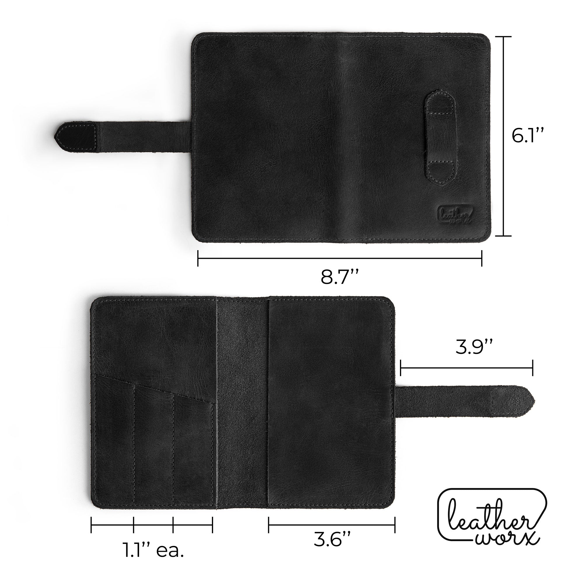 Flat lay of Leather Worx Field Notes Cover 3.5 x 5.5 in. Cover with Pen Slots in black, featuring the functional design. This Full Grain Leather Cover for Field Notes (3.5 x 5.5 in.) with Pen Slots serves as a perfect notebook case and reflects hand-cut, hand-sewn quality by artisans in La Antigua Guatemala and Oaxaca Mexico.
