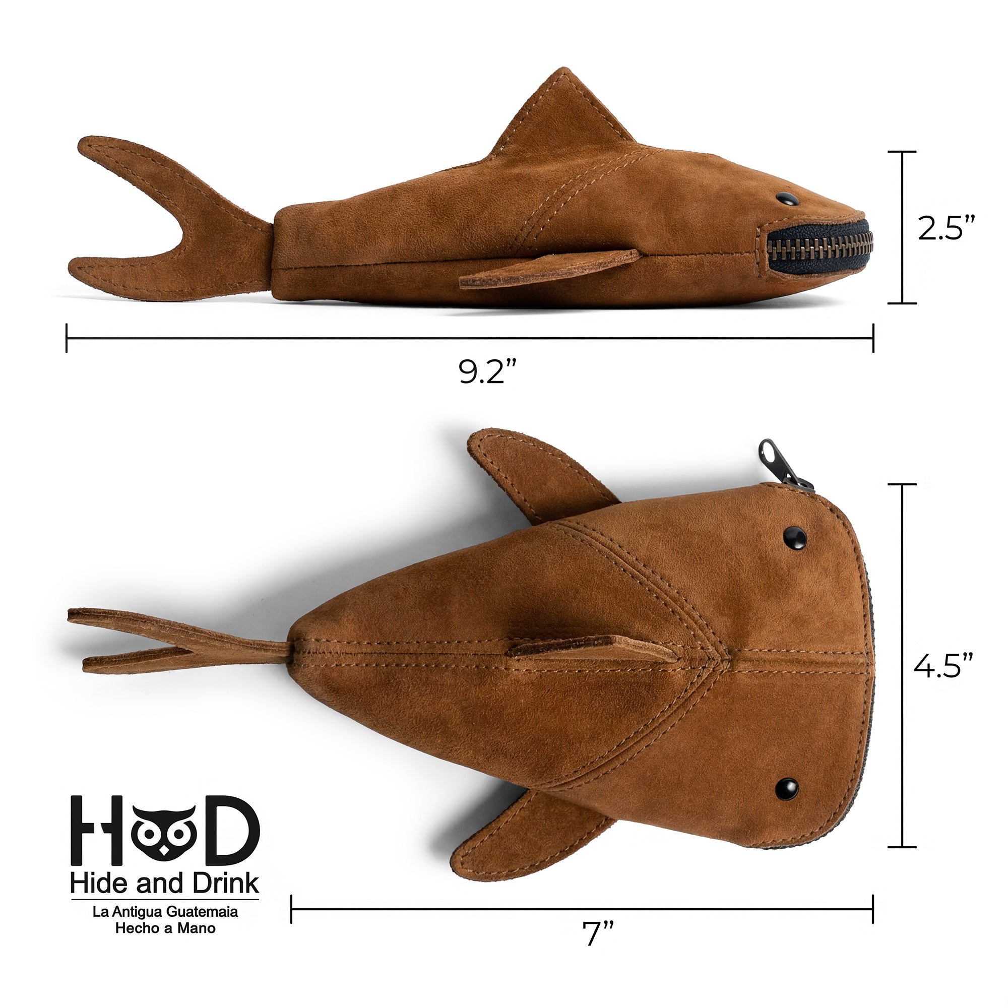 Dimensions of the Hide & Drink Leather Shark Pouch illustrated with its measurements, showcasing its perfect fit for various uses like a change bag or pencil purse, crafted from high-quality leather.