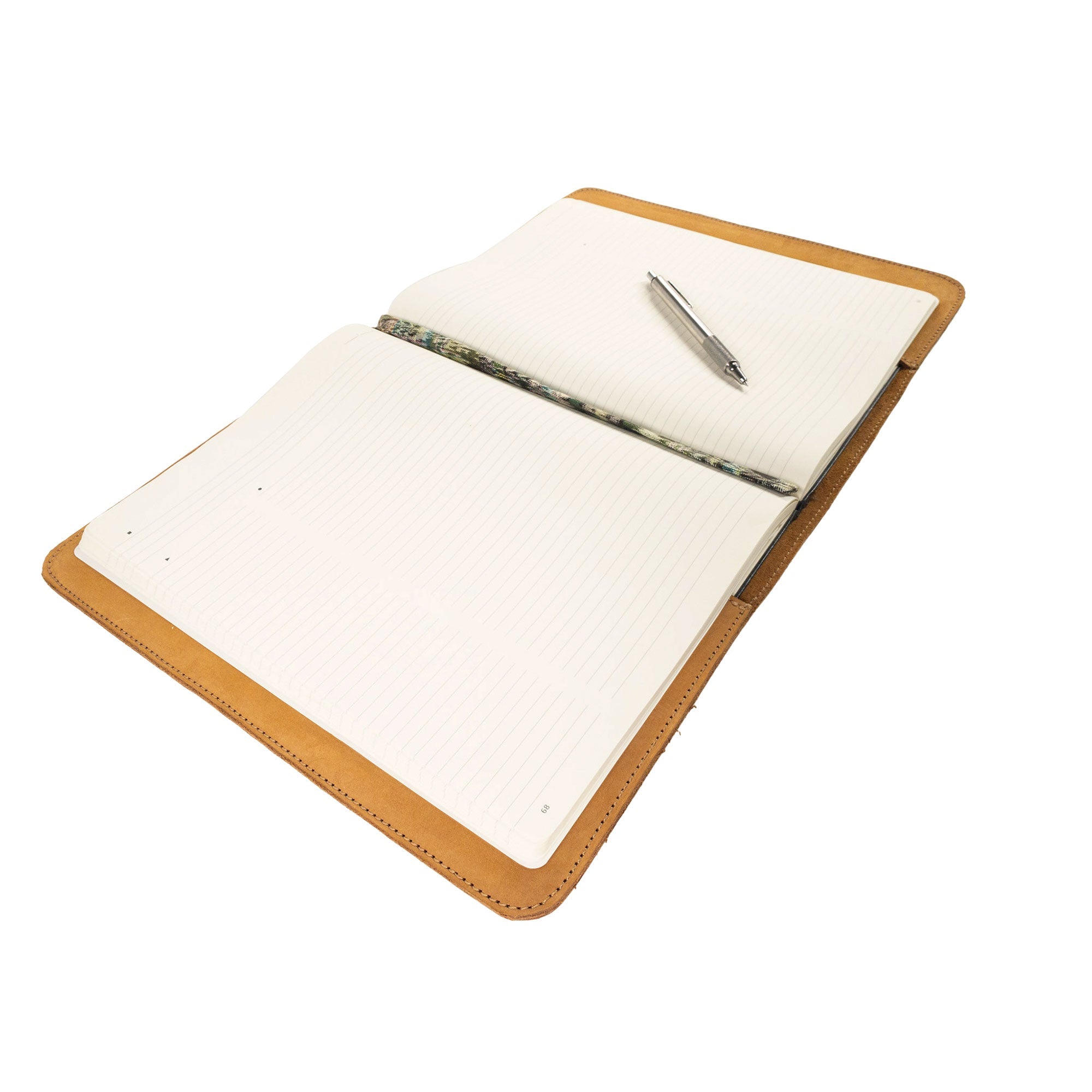 The Journal Cover for (8.5 x 11 in.) Moleskine Cahier XXL shown in a semi-open position by Hide & Drink, highlighting its artisan-crafted full grain leather appeal. A perfect combination of form and function, proudly created in La Antigua Guatemala & Oaxaca Mexico.