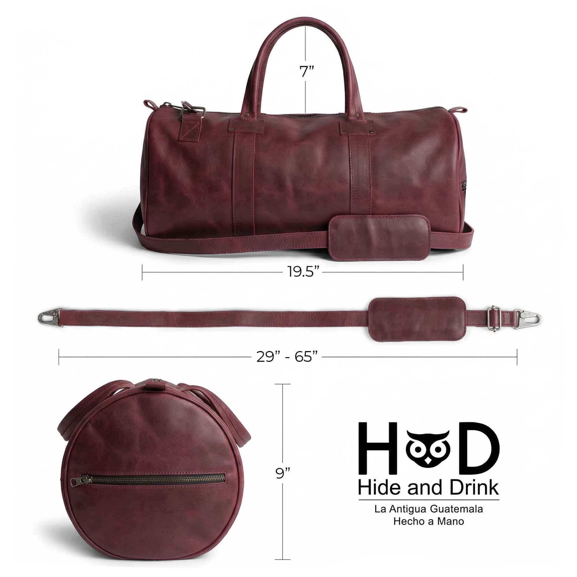 Classic Duffle Bag by Hide & Drink in vibrant pink, featuring a stylish design with a zipper closure and adjustable strap. The Full Grain Leather Classic Duffle Bag is perfect as a Messenger Bag for travel, handmade by artisans in La Antigua Guatemala & Oaxaca Mexico.