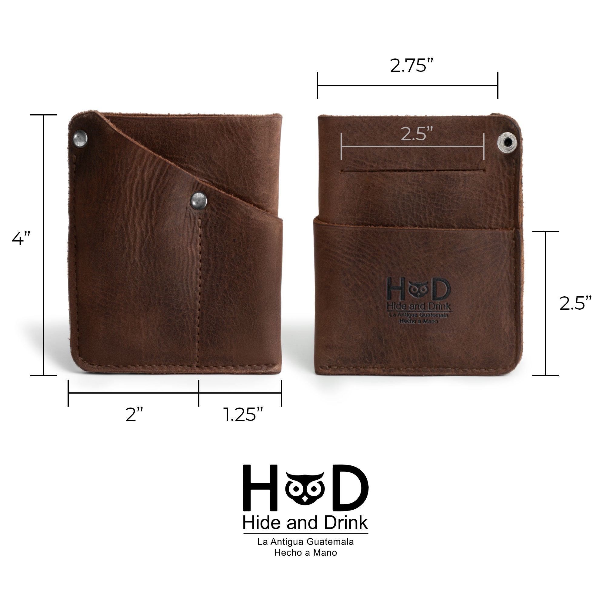 EDC Pocket Wallet by Hide & Drink with detailed dimensions provided, highlighting its practical design as a front pocket wallet. Made from full grain leather, it functions as a multitool pouch, card holder, and money organizer. This artisan piece is hand cut, hand sewn, and fire branded, showcasing small batch production from La Antigua Guatemala & Oaxaca Mexico.
