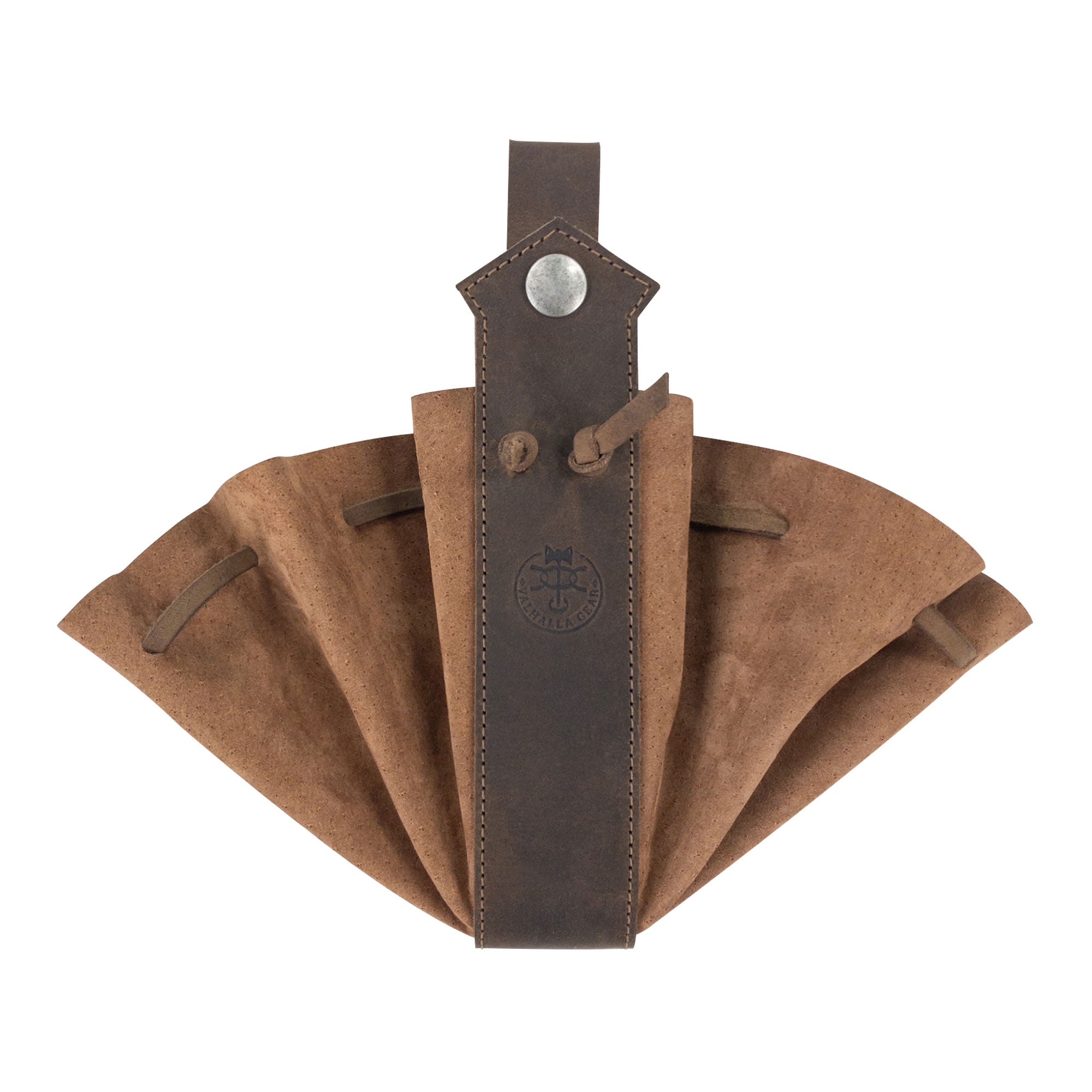 Flat view of the Medieval Drawstring Pouch by Valhalla Gear showing its elegant lines and structure, made from high-quality Full Grain Leather with a unique artisan design, perfect for outdoor adventures.
