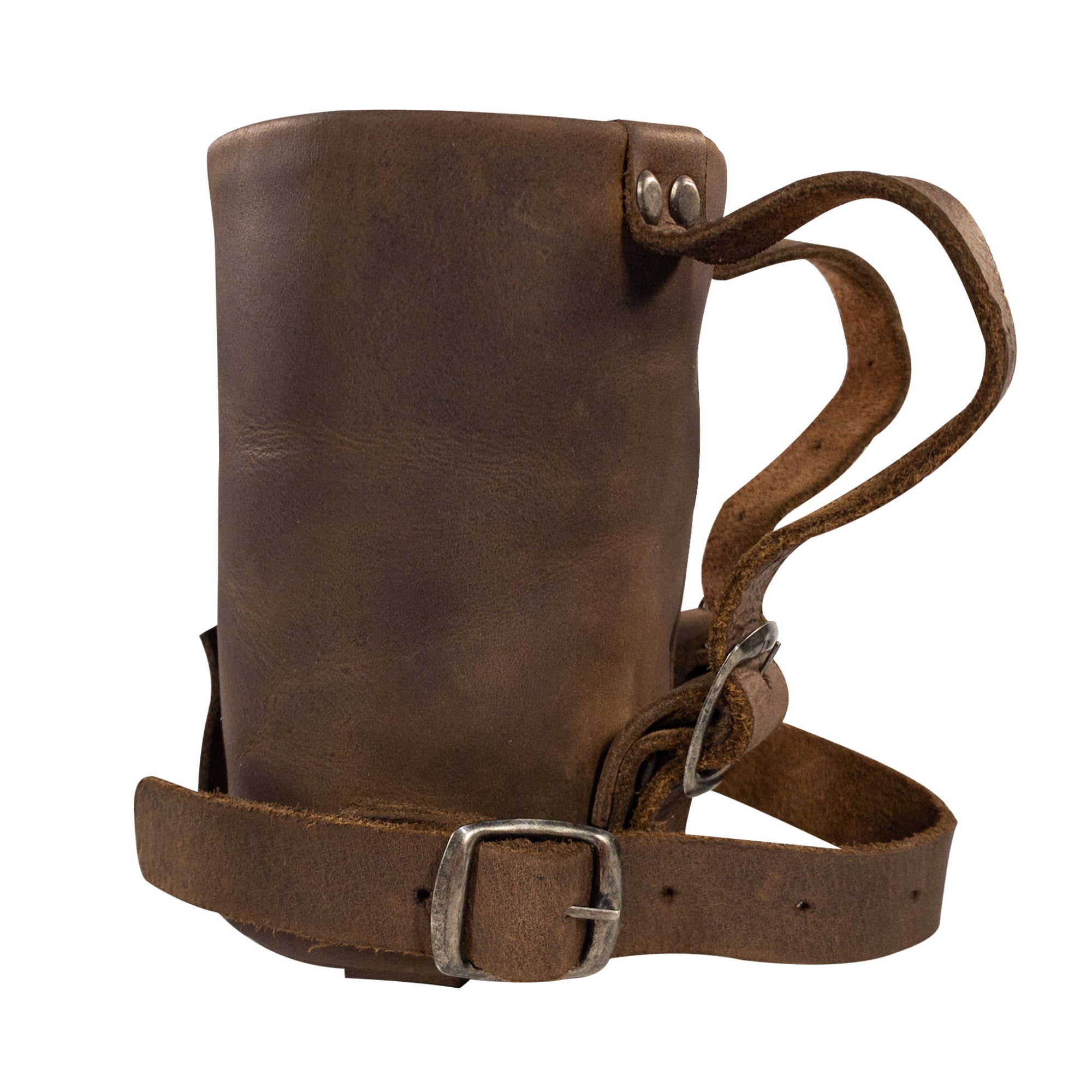 Side view of the Cruzy Bike Handlebar Cup Holder by Hide & Ride, highlighting the robust full grain leather and strap design. Ideal for commuters and casual bikers, this handmade item embodies small batch production in La Antigua Guatemala.