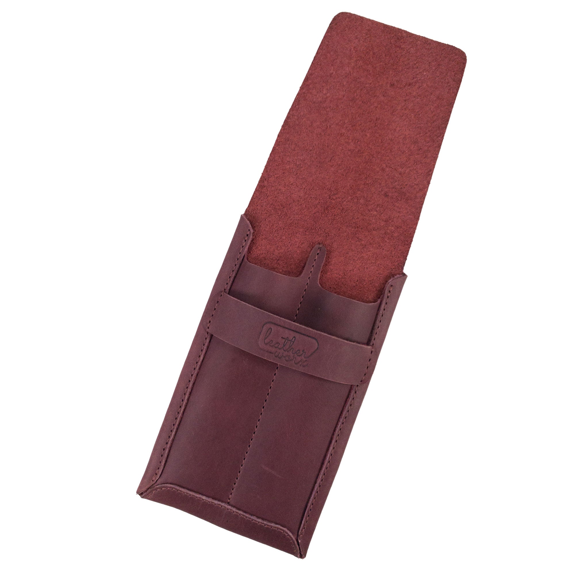 A beautifully crafted Double Pen Case by Leather Worx, made of Full Grain Leather with a small batch production ethos. This artisan, handmade in La Antigua Guatemala, showcases careful hand cut and hand sewn details, featuring a fire branded logo for a unique touch.