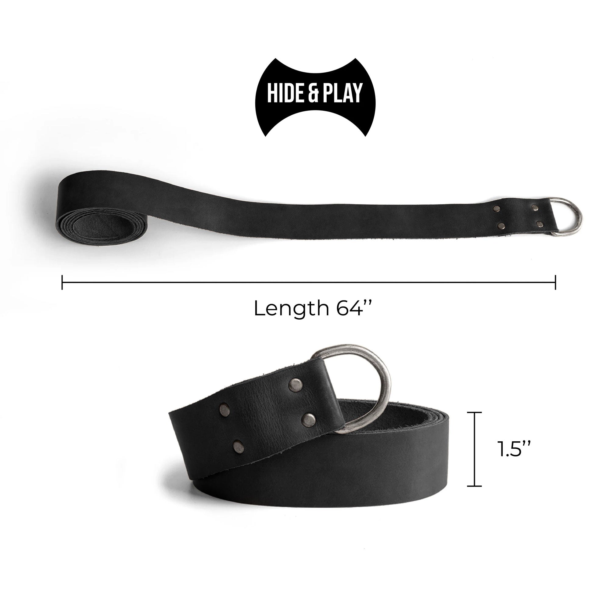 Dimensional view of the black Medieval Knight Belt by Hide & Play, showcasing length and construction. This robust Full Grain Leather Medieval Knight Belt for Men is a standout Renaissance Viking Belt for Costume or Cosplay, made in La Antigua, Guatemala, reflecting handmade, artisanal craftsmanship through small batch production.