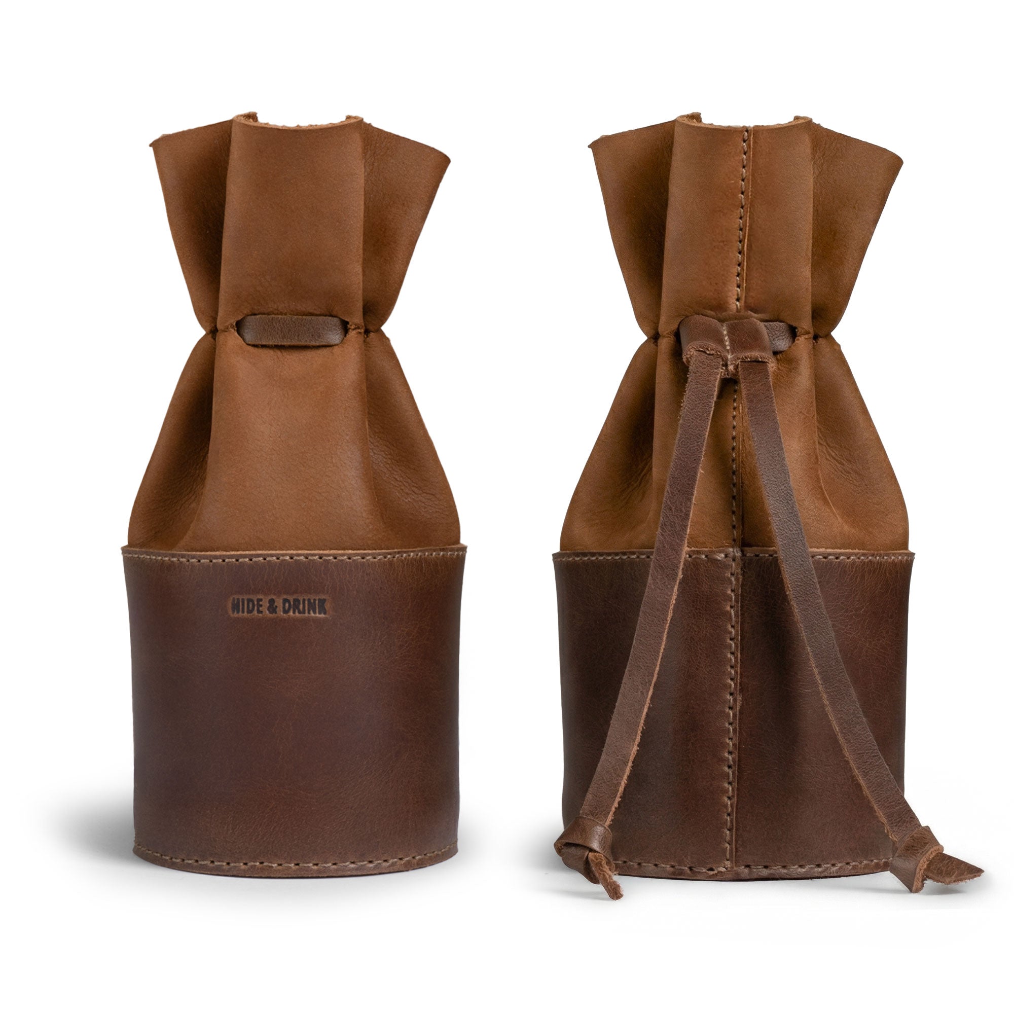 A back view of the Medieval Bucket Coin Release by Hide & Drink highlights its artisan quality as a piggy bank bucket. This coin pouch is designed for durability and elegance, serving as a cash organizer or cylinder case for pennies, hand cut and sewn from full grain leather, proudly handmade in La Antigua Guatemala & Oaxaca Mexico.