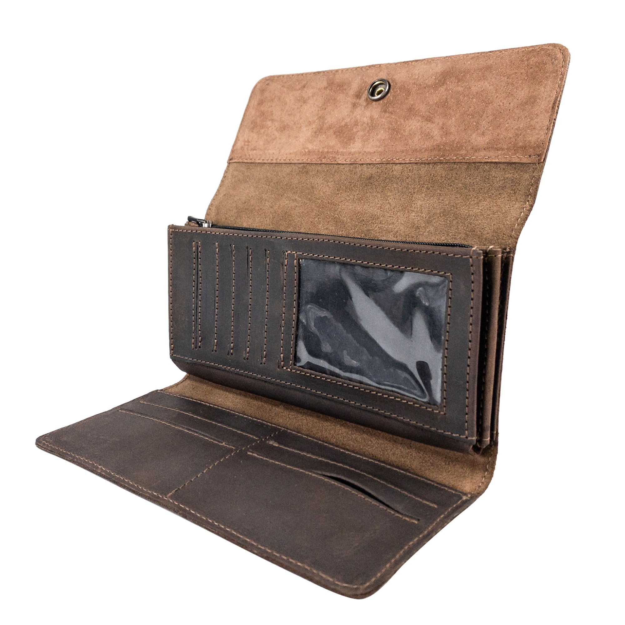 Open view of the Rustic Tri Fold Folio Wallet by Hide & Drink, emphasizing its multiple card slots and clear ID window. This wallet is a stylish Minimalist Tri Fold Folio Wallet for Women, crafted from full grain leather with small batch production, ensuring each piece is hand cut and hand sewn by artisans in La Antigua Guatemala & Oaxaca Mexico.