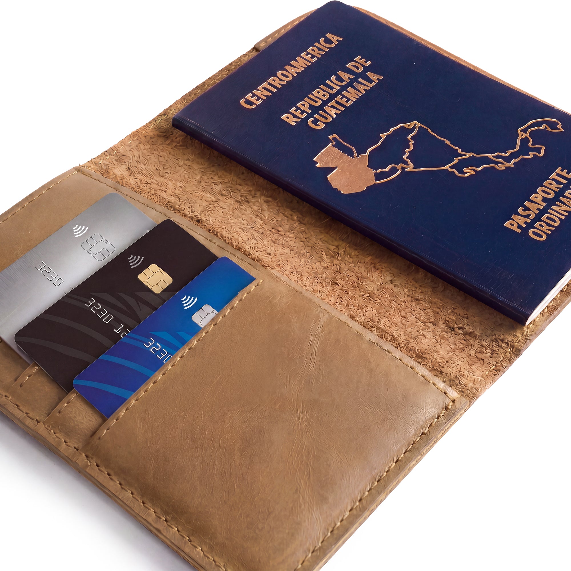 Illustration of the interior layout of the Hide & Drink Travel Wallet, showing efficiency and style. This travel wallet is a bifold passport case, crafted from high-quality leather, designed in La Antigua Guatemala.