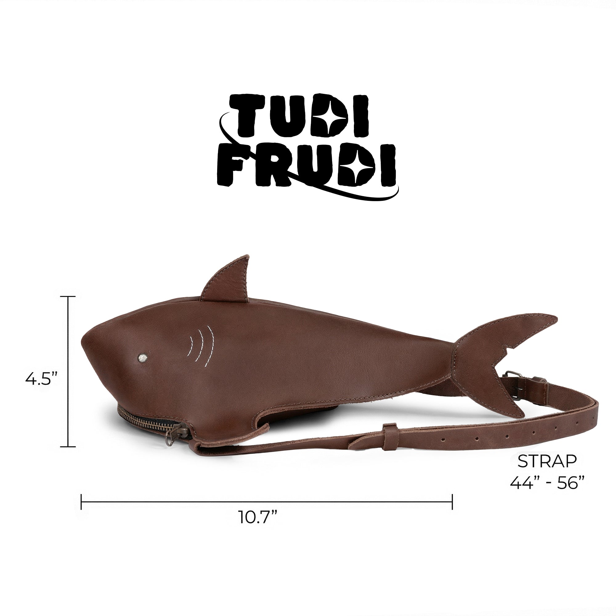 Detailed dimensions for the Shark-Shaped Shoulder Bag by Tudi Frudi, highlighting its compact yet spacious design in Full Grain Leather, ideal as a crossbody or messenger bag, showcasing small batch production and artisan craftsmanship.