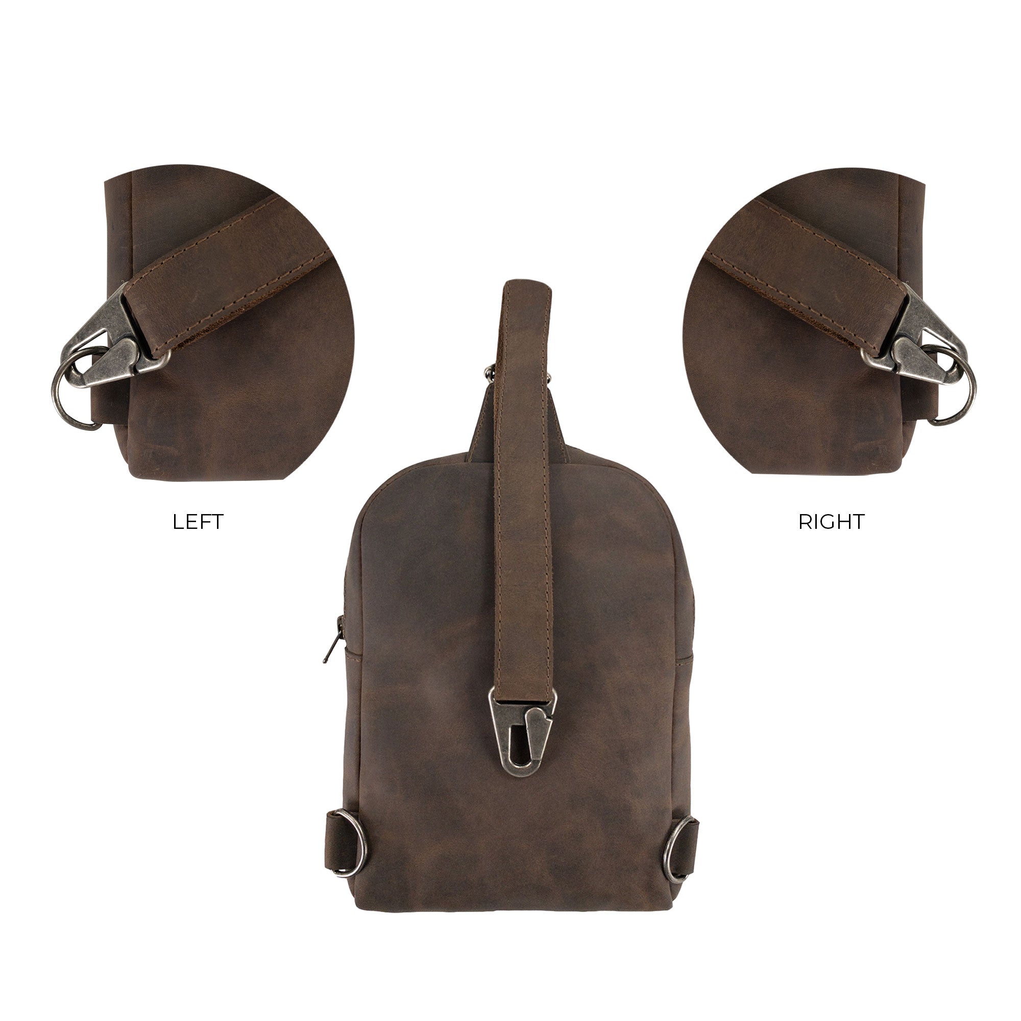 Different views of the Hide & Drink Crossbody Rounded Bag, showcasing left and right attachments. This versatile Rounded Crossbody Bag with Adjustable Strap offers practicality and style, crafted from Full Grain Leather with a focus on small batch artisan production from La Antigua Guatemala & Oaxaca Mexico.