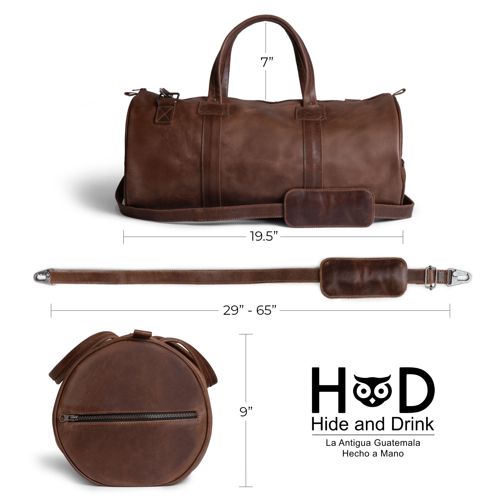 Measuring dimensions of the Classic Duffle Bag by Hide & Drink, showcasing its Full Grain Leather construction with adjustable strap and zipper closure. This well-crafted Messenger Bag is perfect as a crossbody travel bag, reflecting Artisan handiwork from La Antigua Guatemala & Oaxaca Mexico.