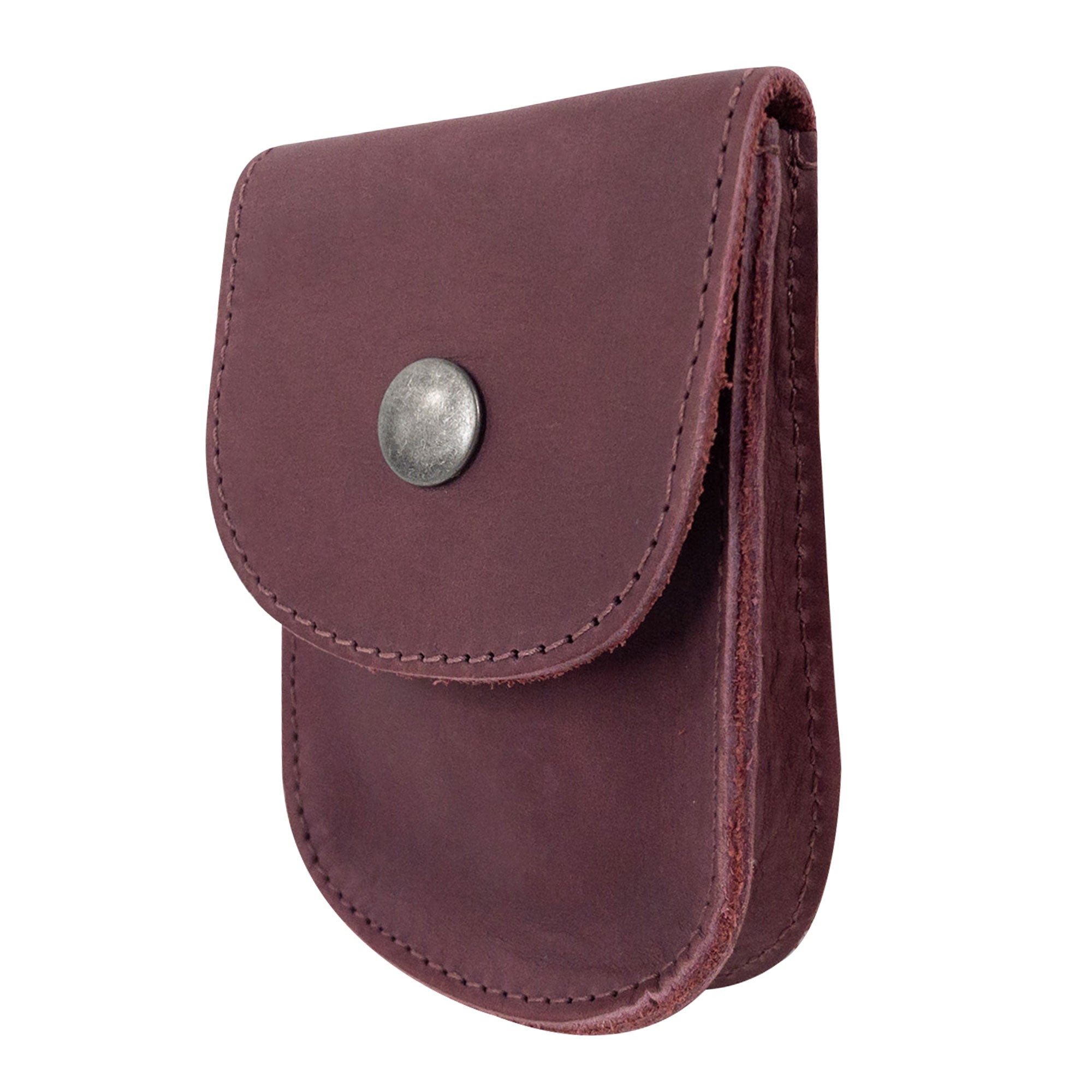 Dimensions illustrated for the Burgundy Holster Pouch by Hide & Drink, emphasizing its compact size and functional features. This artisan-made pouch is perfect for carrying small personal items.