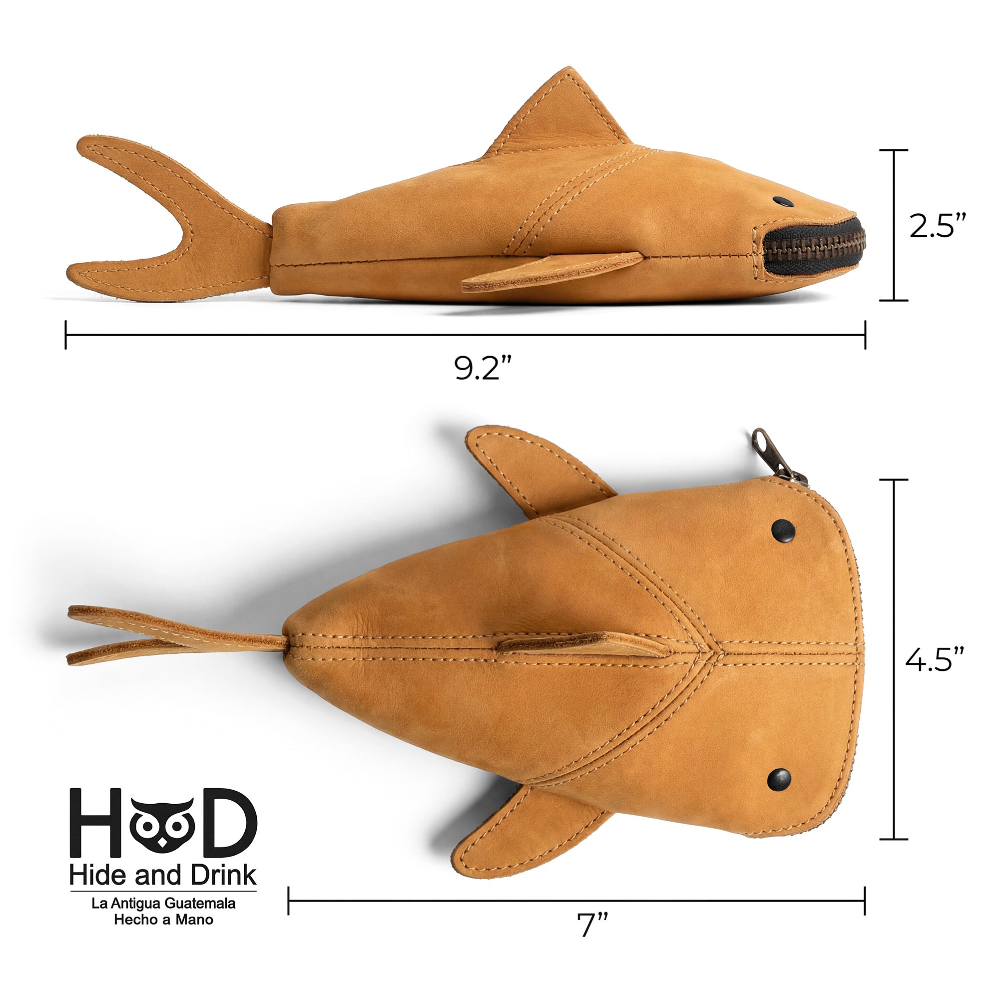 Dimensions and features of the Hide & Drink Leather Shark Pouch, perfect for storage as a small batch production item. Ideal for organizing as a pencil purse or stuffed animal, this leather pouch highlights the intricate craftsmanship of artisans.