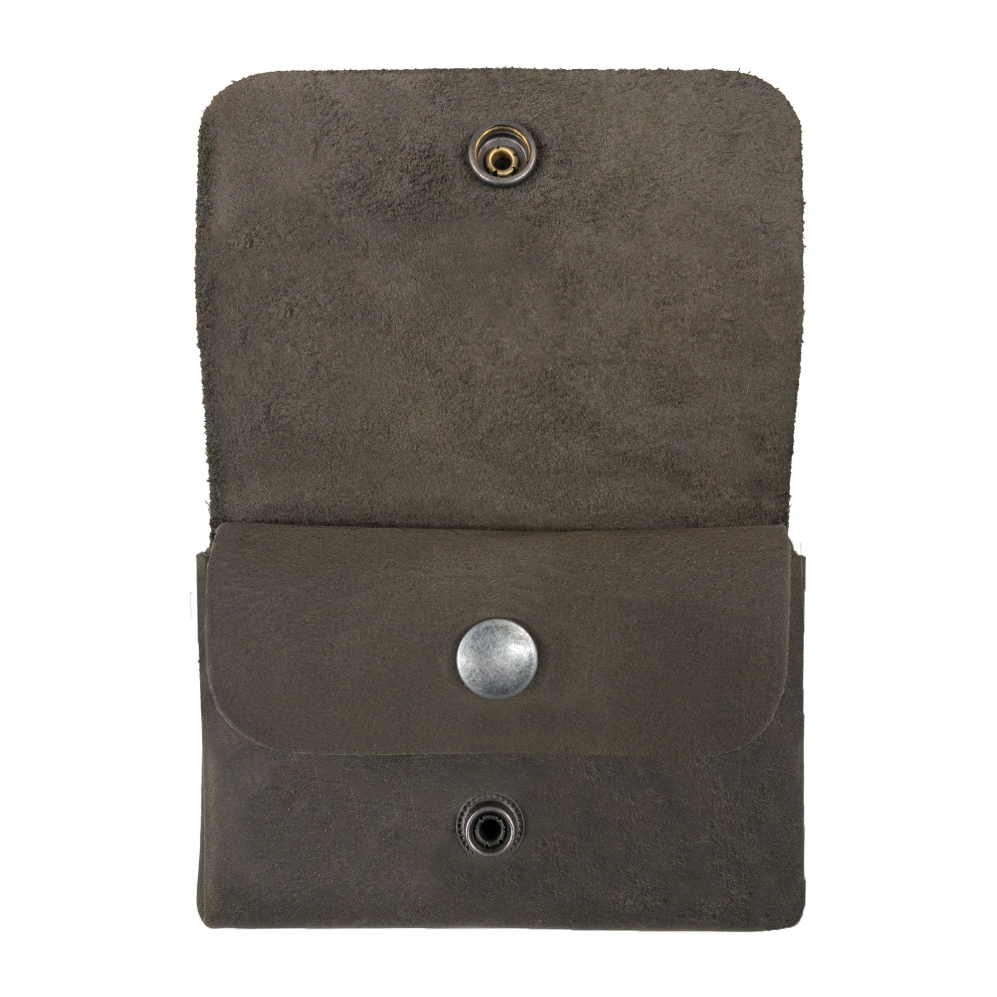 Front view of the olive Leather Double Pouch Card Wallet by Hide & Drink, exhibiting a textured finish. This Leather Double Pouch Card Wallet excels as a card organizer, cash holder, and coin pouch, perfect for men and women, handmade in La Antigua Guatemala & Oaxaca Mexico.