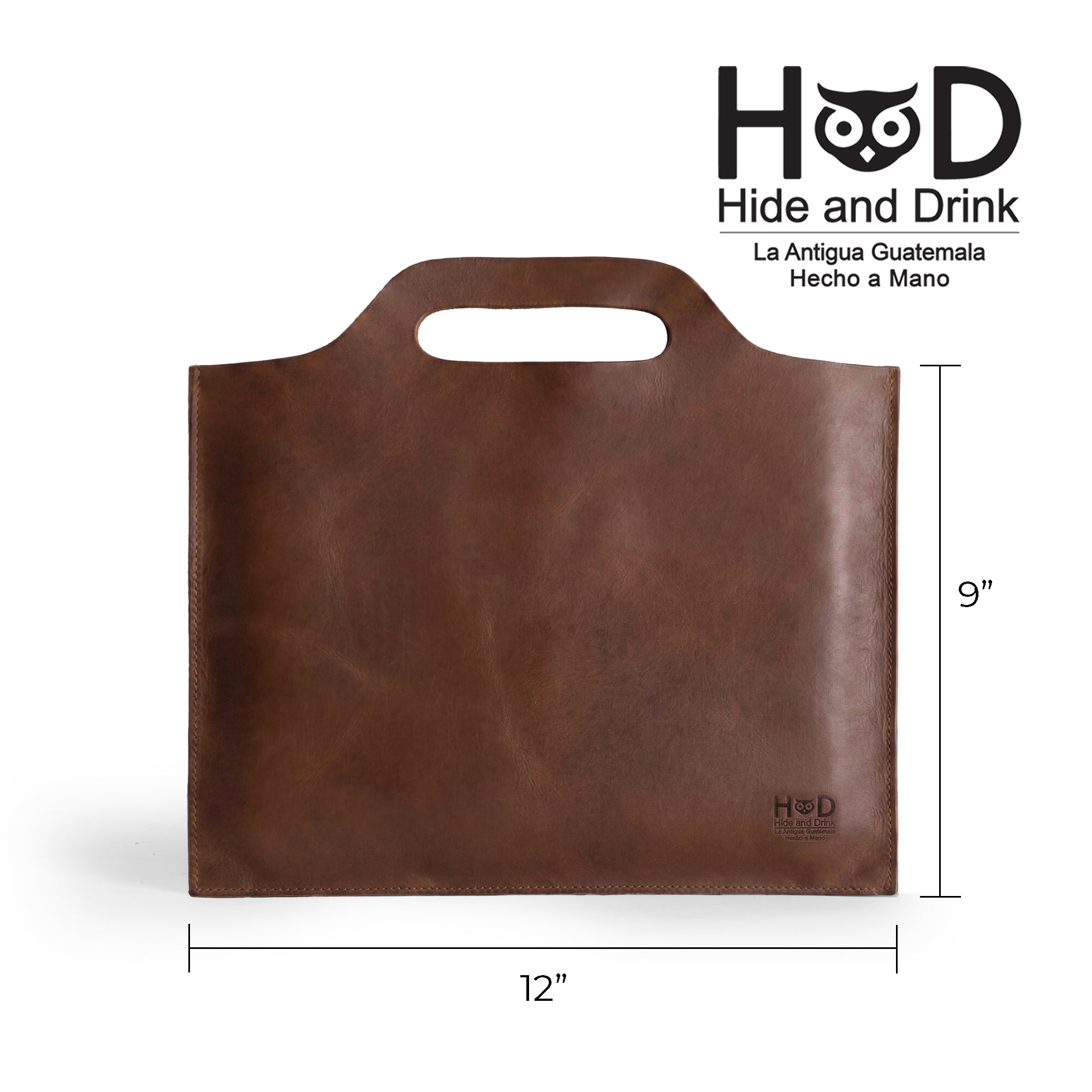 Flat Handbag by Hide & Drink with detailed dimensions in the image, showcasing its craftsmanship in full grain leather. As a minimalist style carry-on bag and classic document holder, this thin portfolio is a stylish travel accessory. Each handbag is hand cut, hand sewn, and fire branded, representing artisanal quality, handmade in La Antigua Guatemala & Oaxaca Mexico.
